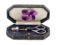 A German Silver and Guilloche Enamel Thimble and Scissor Kit, , the thimble having a guilloche enamel band with floral and C-scroll dec