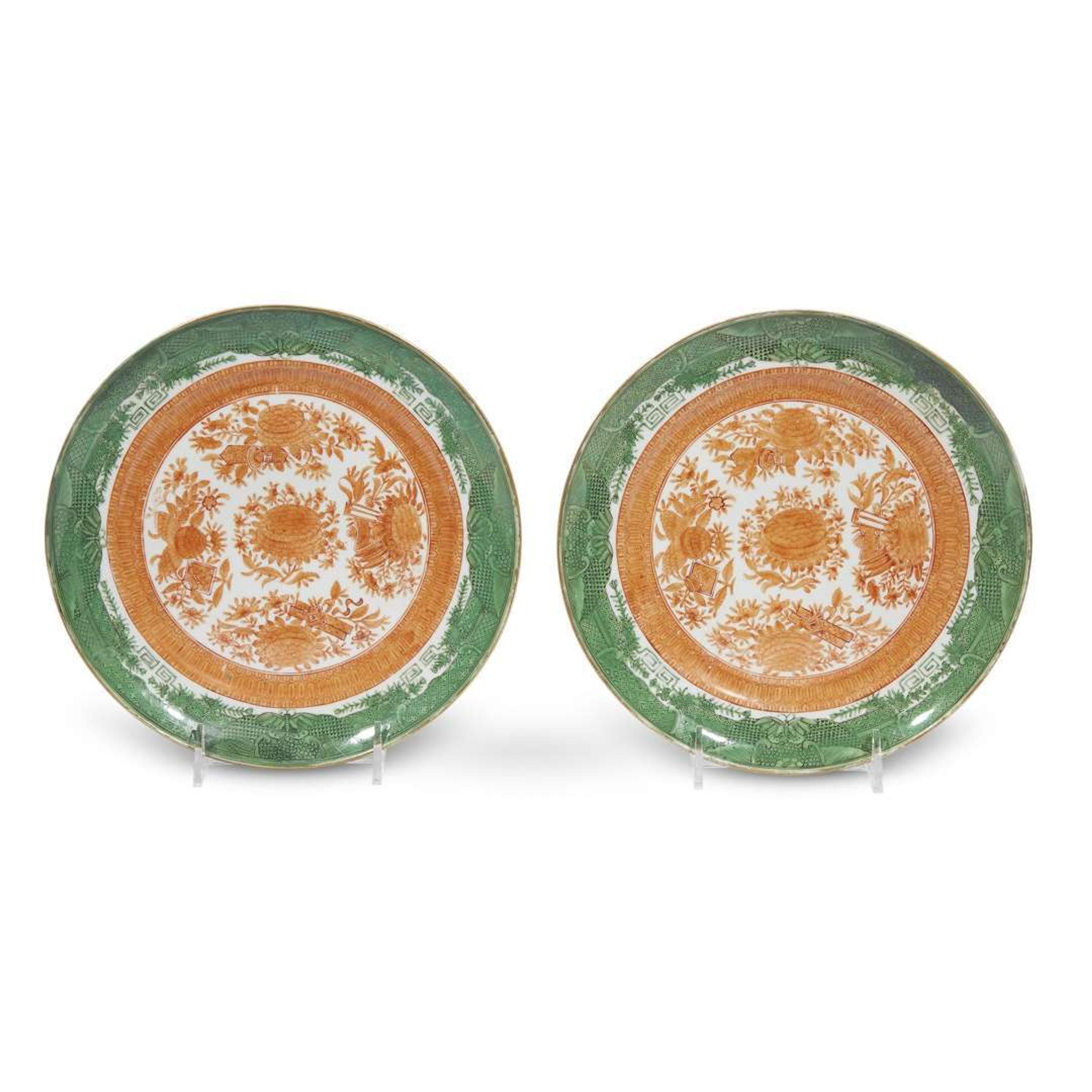 A pair of rare Chinese export orange and green 'Fitzhugh' pattern dishes 19th century