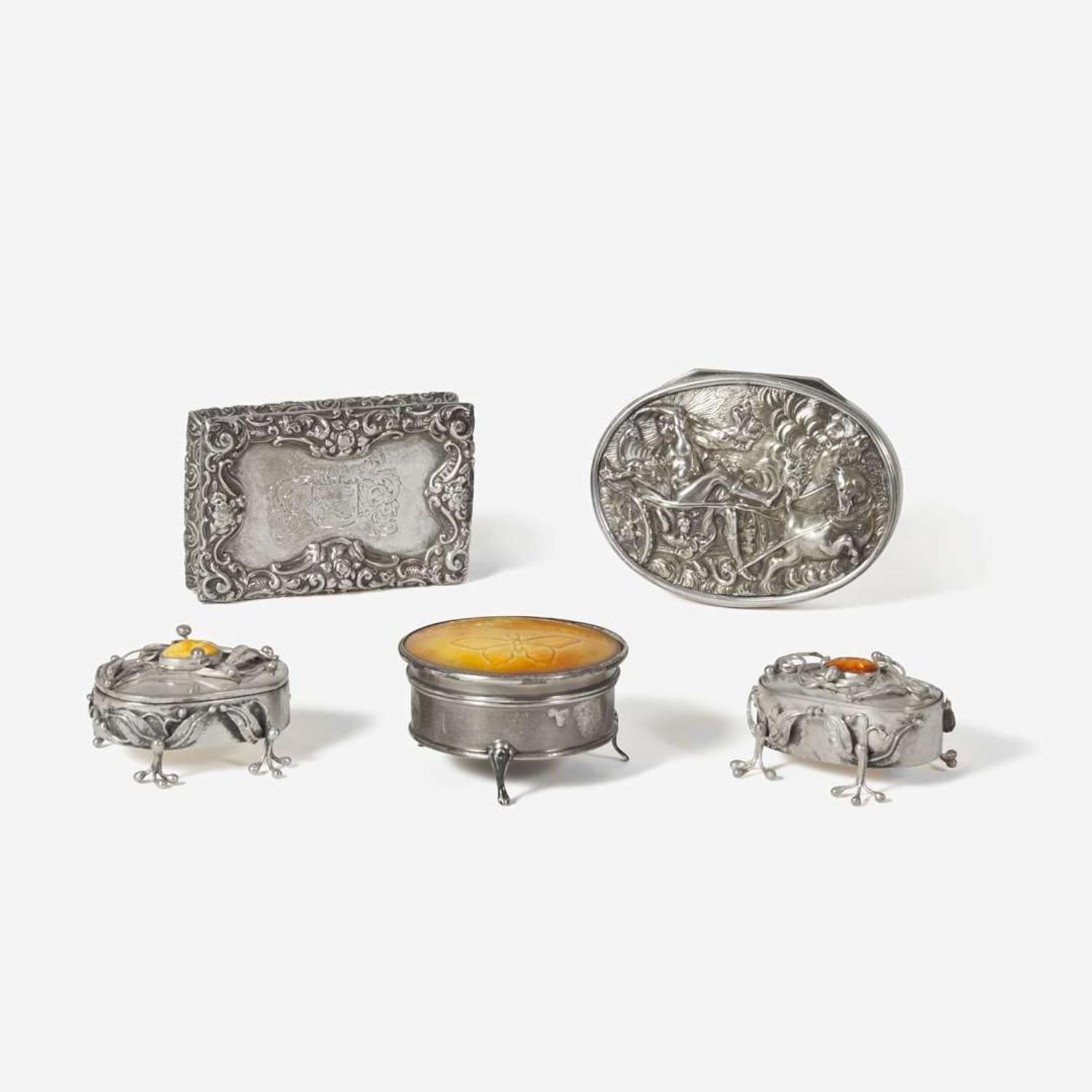 A group of five assorted sterling silver and silver-mounted boxes Various English and Continental makers, various dates ranging 1806-1924