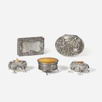 A group of five assorted sterling silver and silver-mounted boxes Various English and Continental makers, various dates ranging 1806-1924