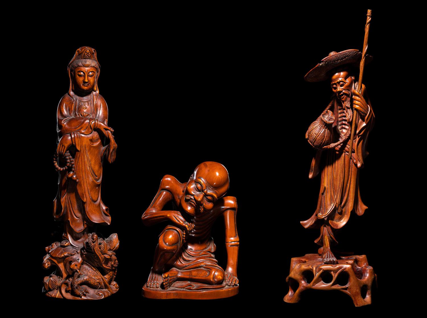 Three Chinese Carved Boxwood Figures