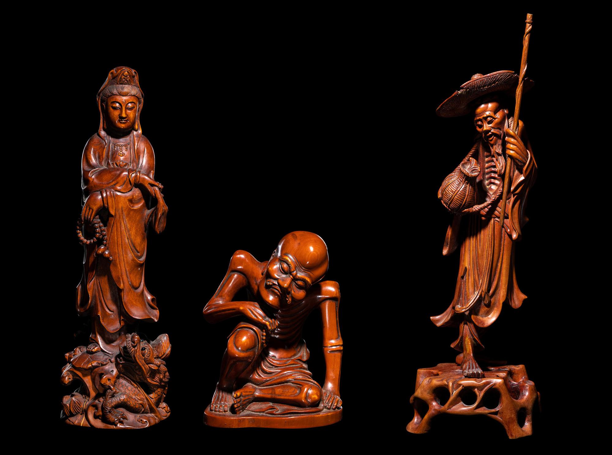 Three Chinese Carved Boxwood Figures