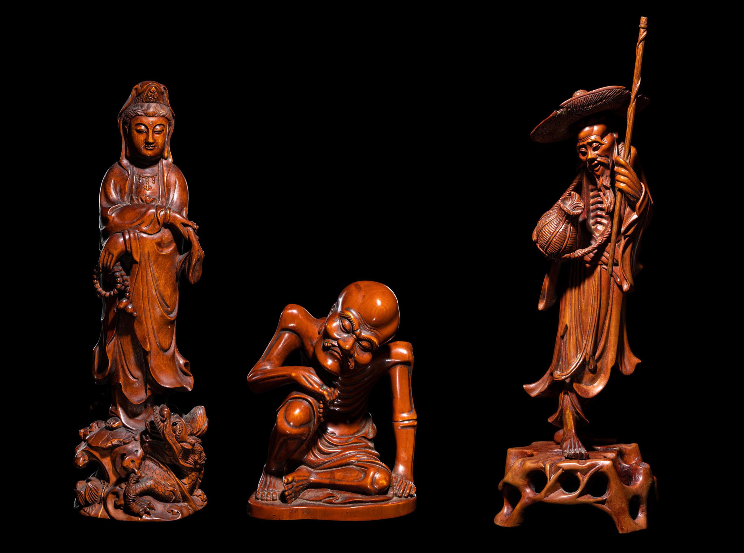 Three Chinese Carved Boxwood Figures