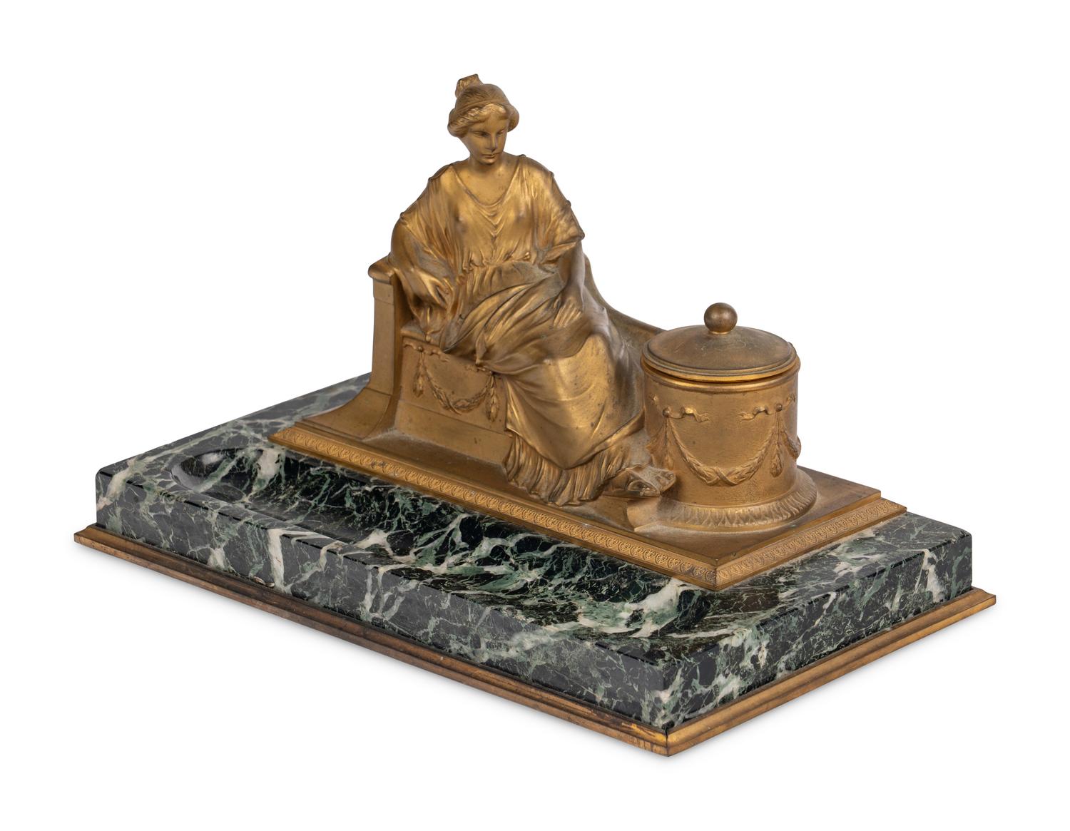 An Austrian Gilt Bronze and Marble Figural Inkwell