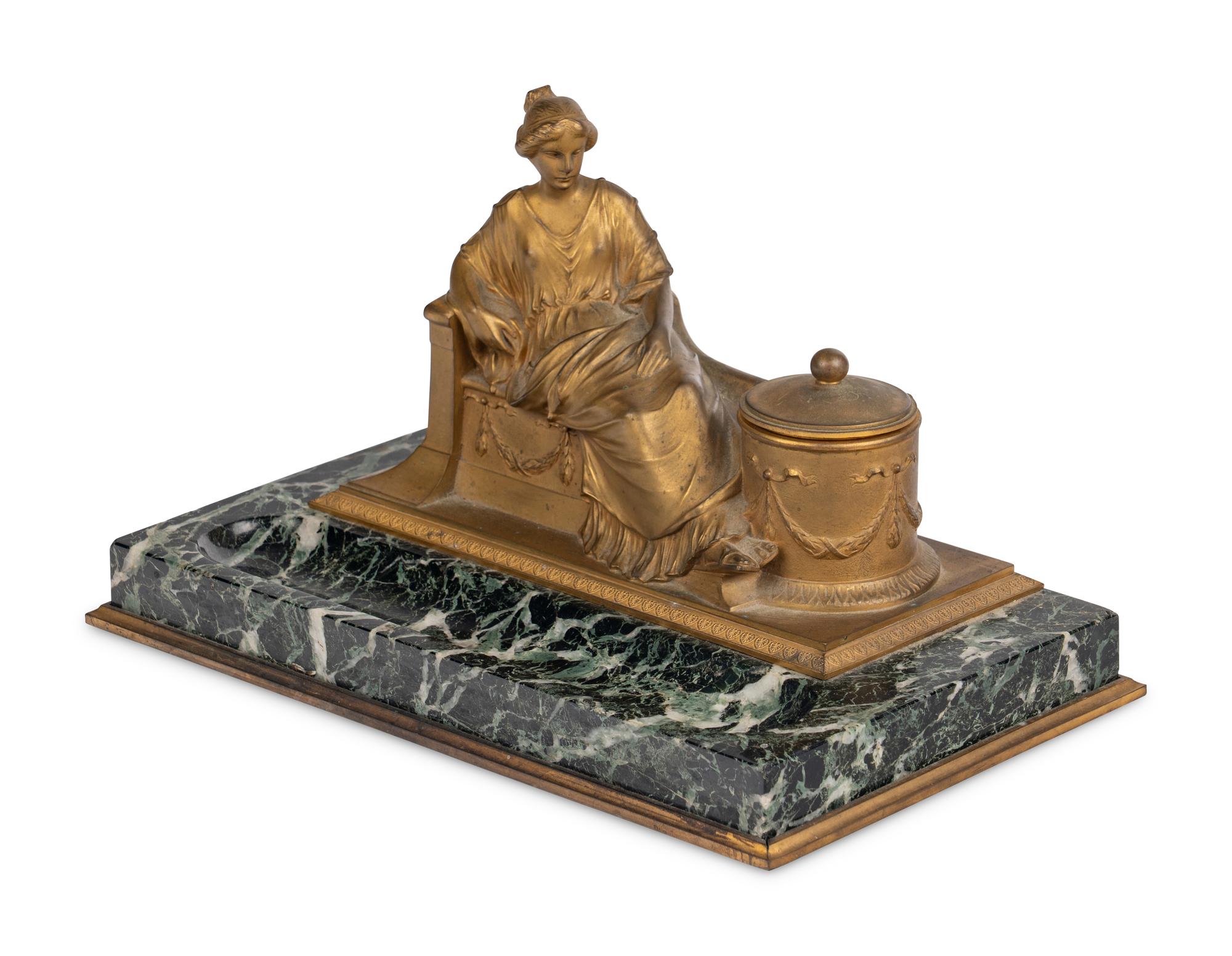 An Austrian Gilt Bronze and Marble Figural Inkwell