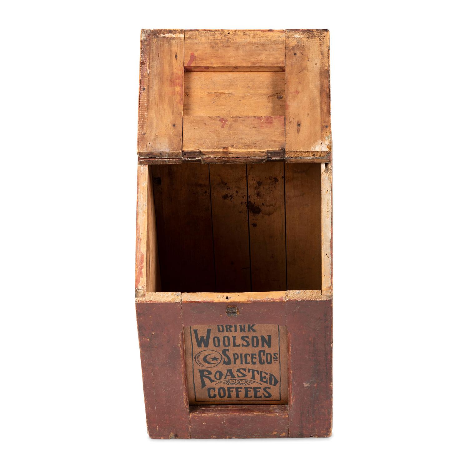 A Woolson Spice Co. Stenciled Wood Coffee Bin