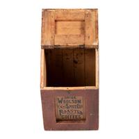 A Woolson Spice Co. Stenciled Wood Coffee Bin