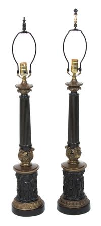 A Pair of Neoclassical Style Ebonized and Gilt Bronze Columnar Table Lamps Height 36 3/4 inches.