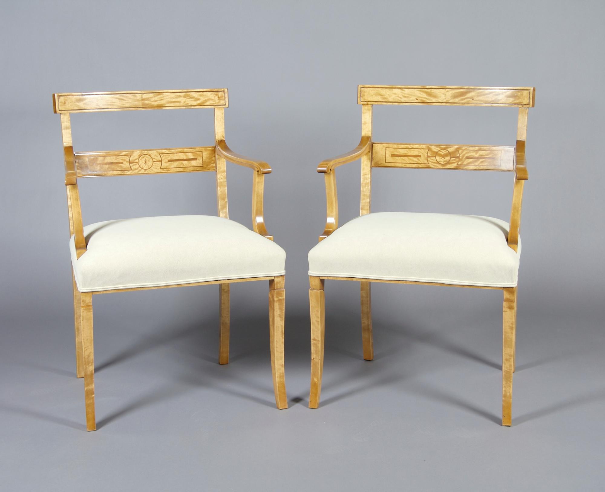 A Pair of Swedish Biedermeier Style Birch Armchairs, Height 34 inches.