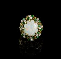 An 18 Karat Yellow Gold, Opal, Emerald and Diamond Ring, 17.70 dwts.