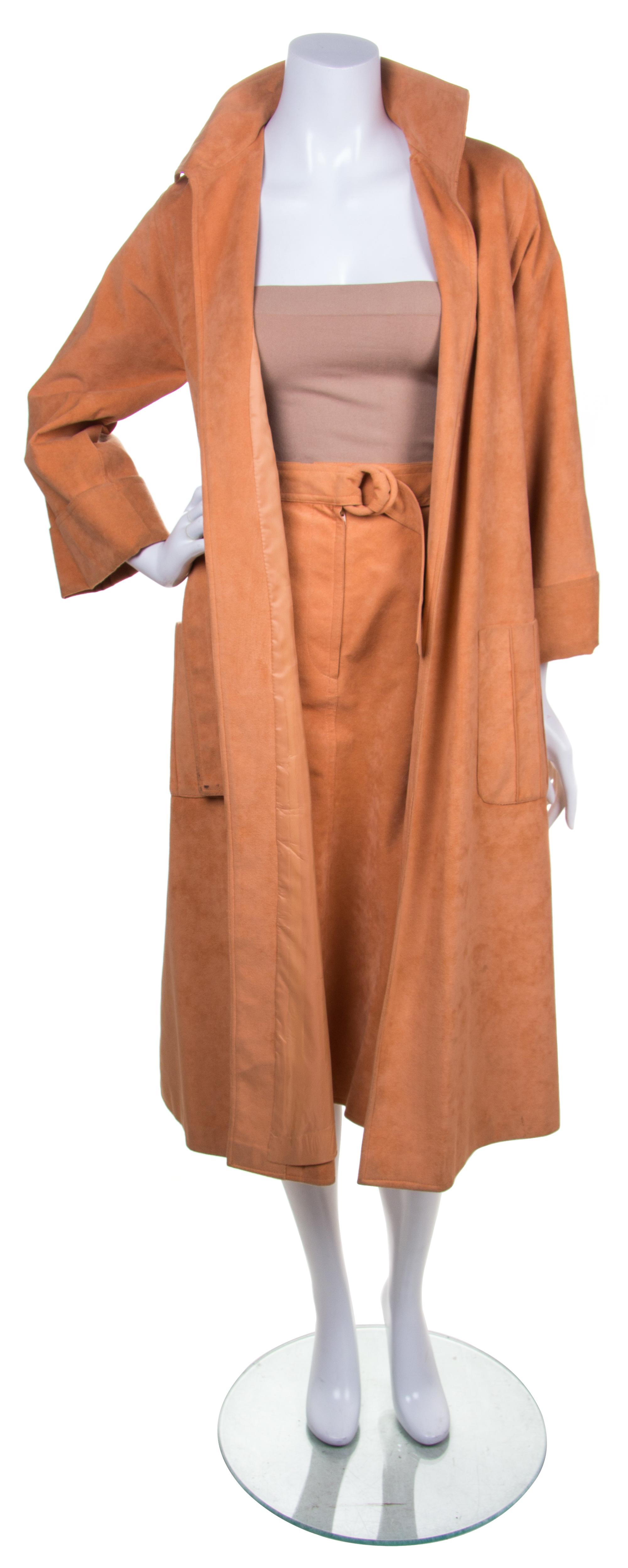 A Halston Orange Ultrasuede Coat Ensemble, Size 10.