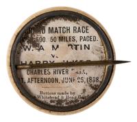 [AFRICAN AMERICANA - SPORTS]. Black Vs. White / Taylor Vs. McDuffee. Newark, NJ: Whitehead & Hoag Co., 1898. Pinback promoting a bicycle race in Cambridge, MA, between Major Taylor and Eddie McDuffee.