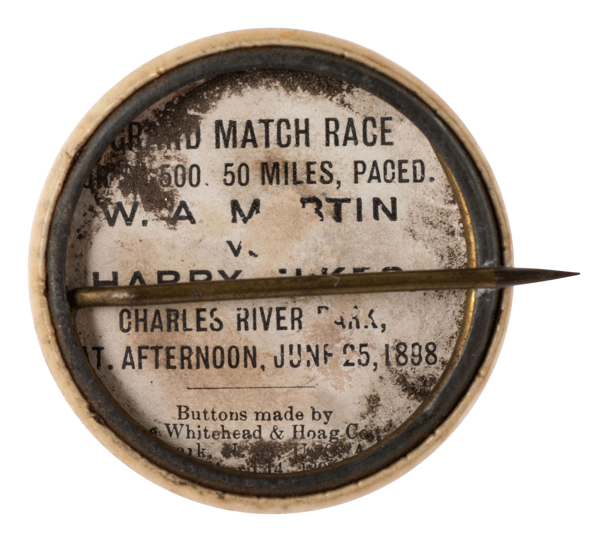 [AFRICAN AMERICANA - SPORTS]. Black Vs. White / Taylor Vs. McDuffee. Newark, NJ: Whitehead & Hoag Co., 1898. Pinback promoting a bicycle race in Cambridge, MA, between Major Taylor and Eddie McDuffee.