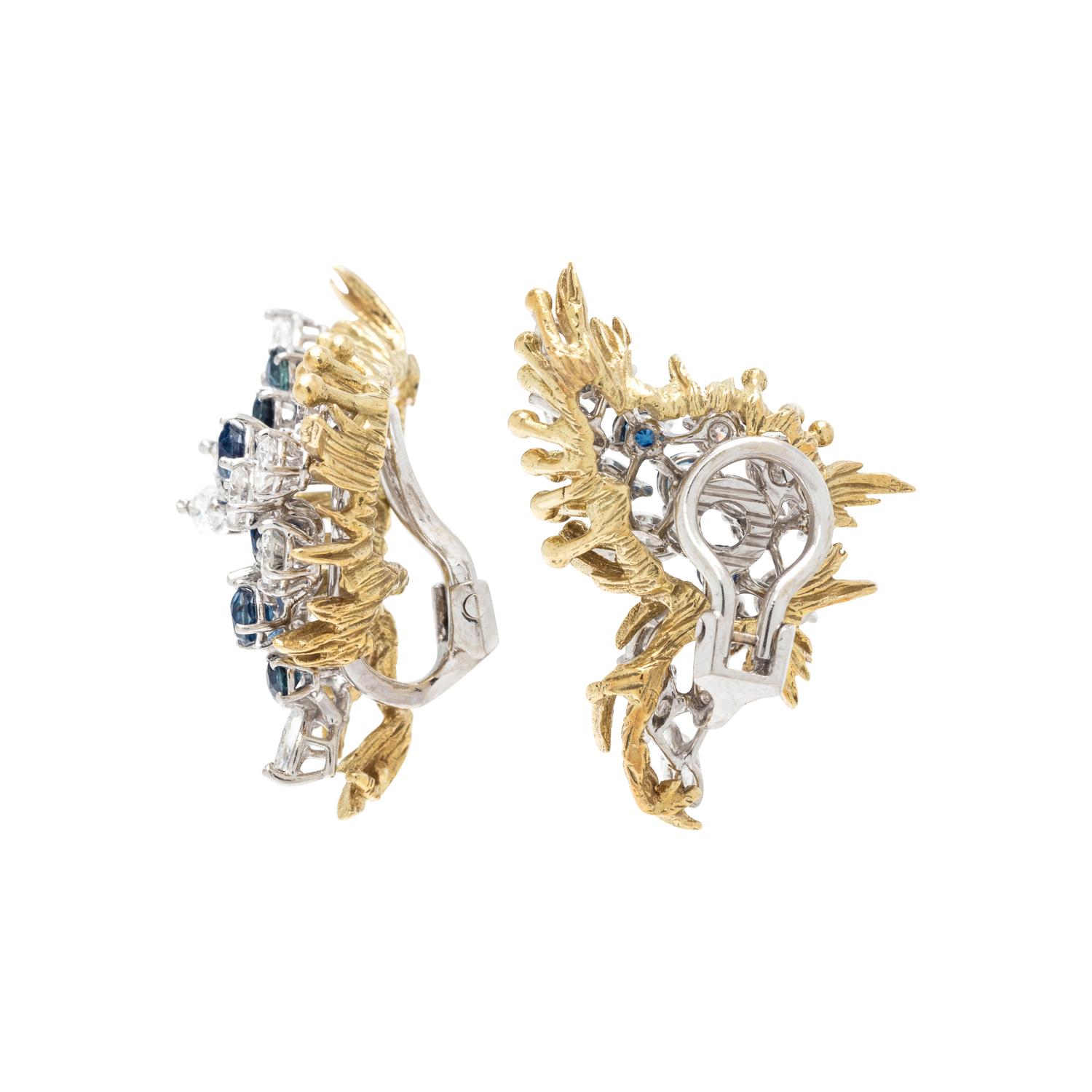 DIAMOND AND SAPPHIRE EARCLIPS WITH YELLOW GOLD JACKETS