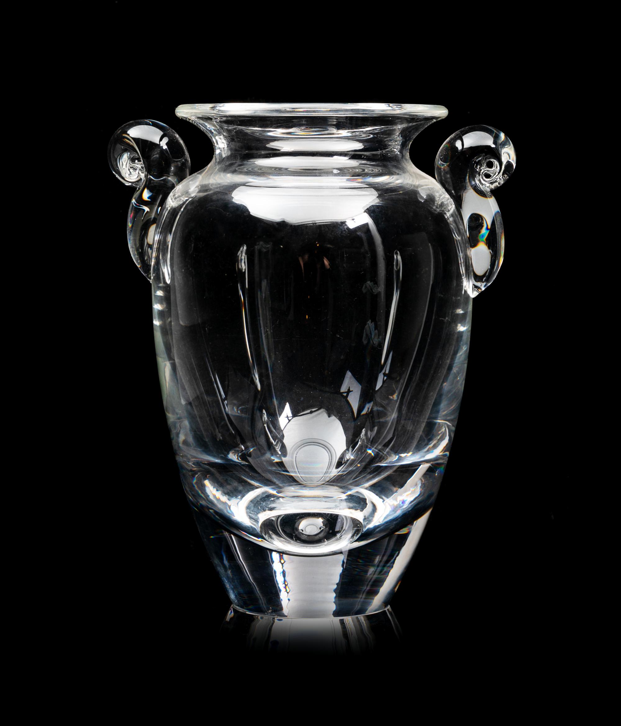 A Steuben Handled Vase Height 9 1/4 inches.
