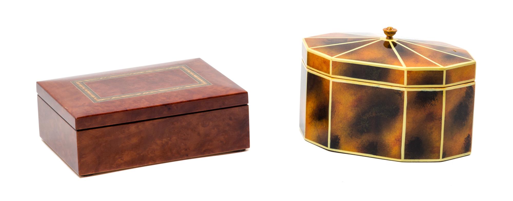 Two Inlaid Wood Covered Boxes Length of larger 7 inches. — 20TH CENTURY