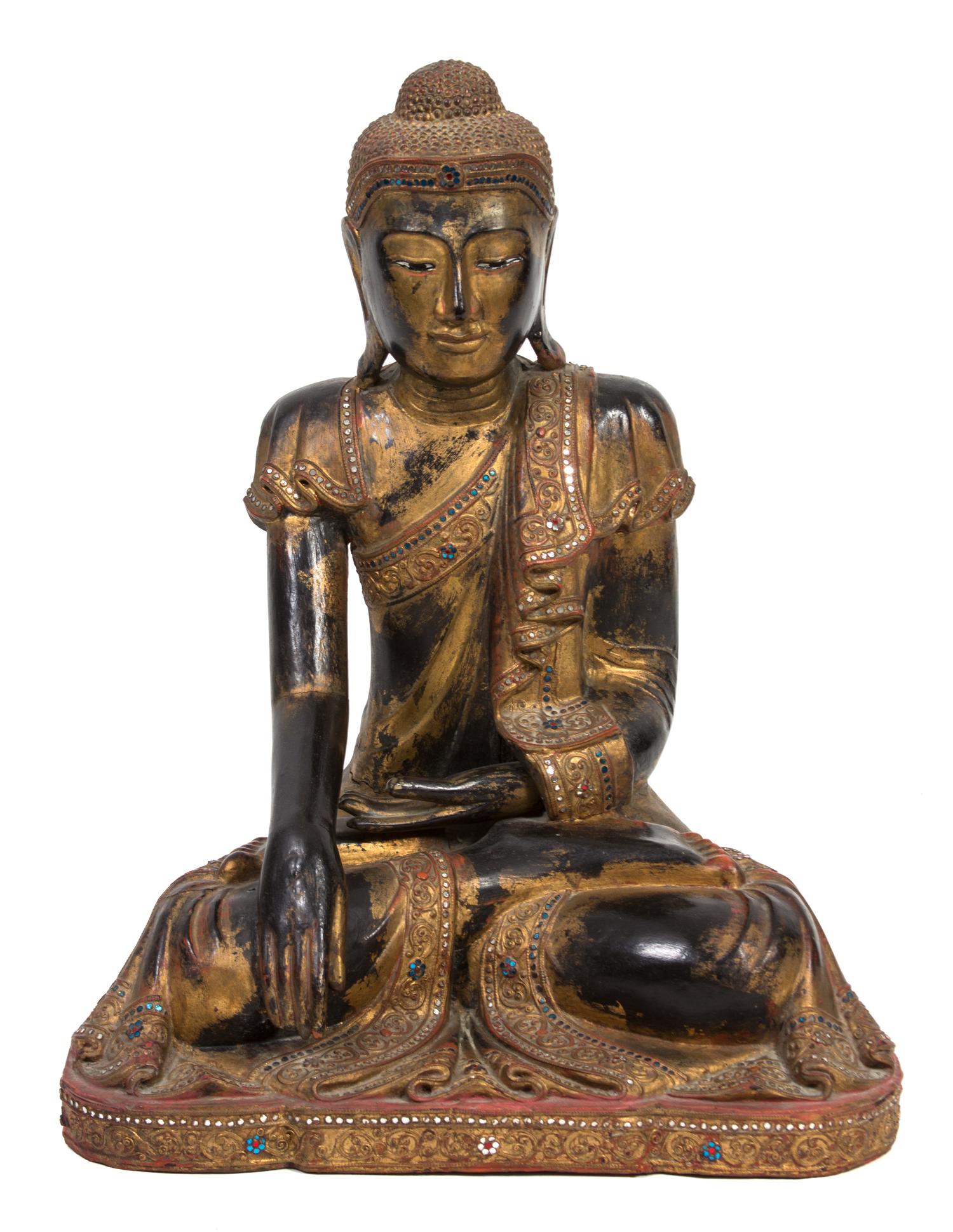 An Indian Gilt Lacquered Seated Buddha Height 24 x width 17 x depth 10 1/2 inches. — 20TH CENTURY