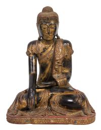 An Indian Gilt Lacquered Seated Buddha Height 24 x width 17 x depth 10 1/2 inches. — 20TH CENTURY