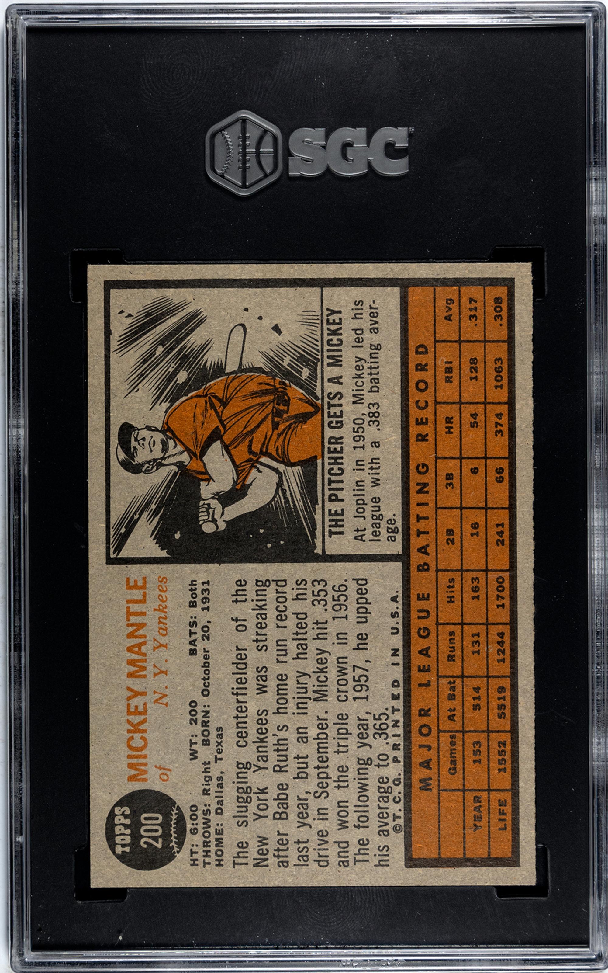 A 1962 Topps Mickey Mantle Baseball Card No. 200 (SGC 5.5 EX+)