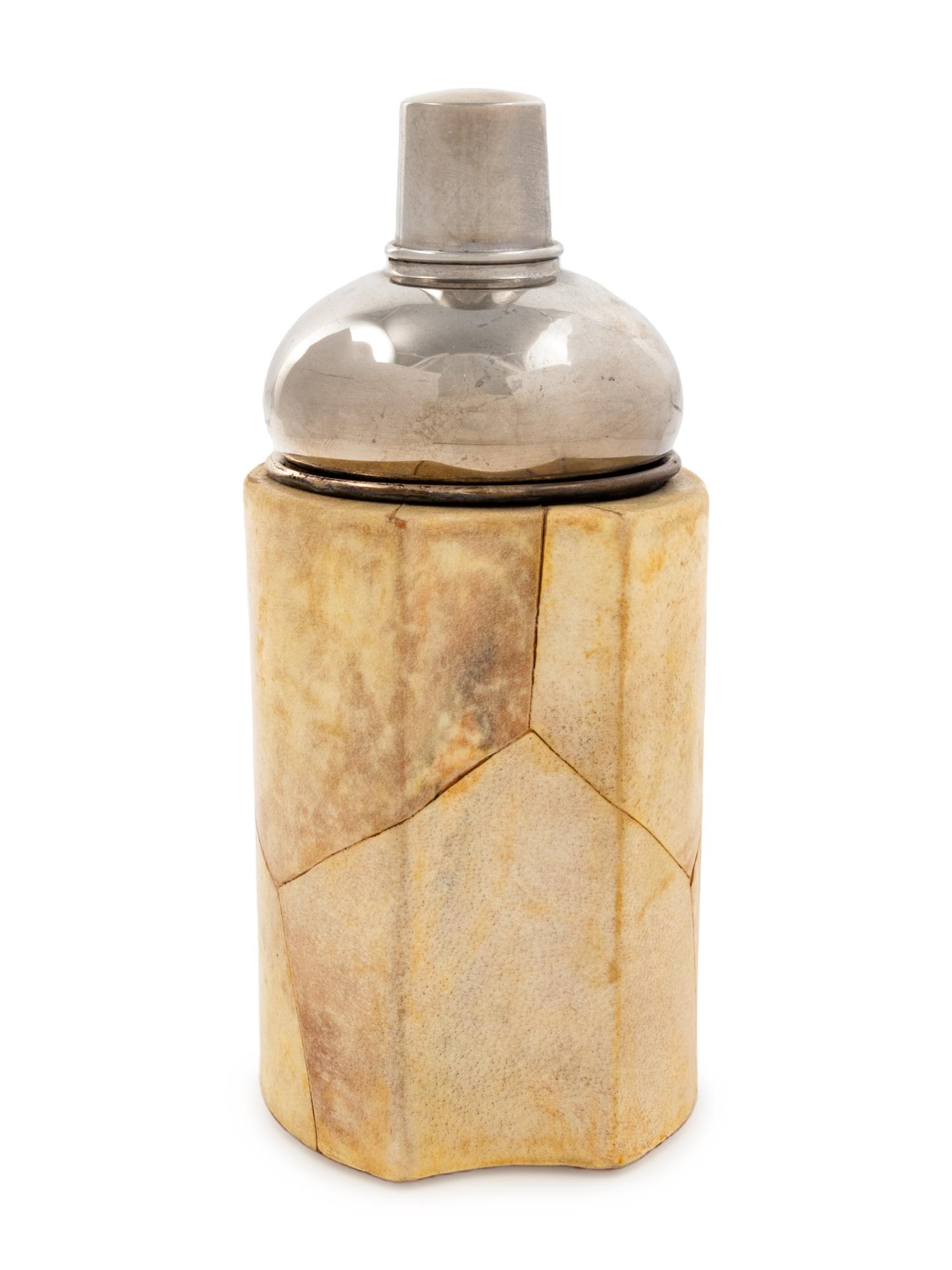 A Lacquered Parchment and Chromed Metal Mounted Cocktail Shaker