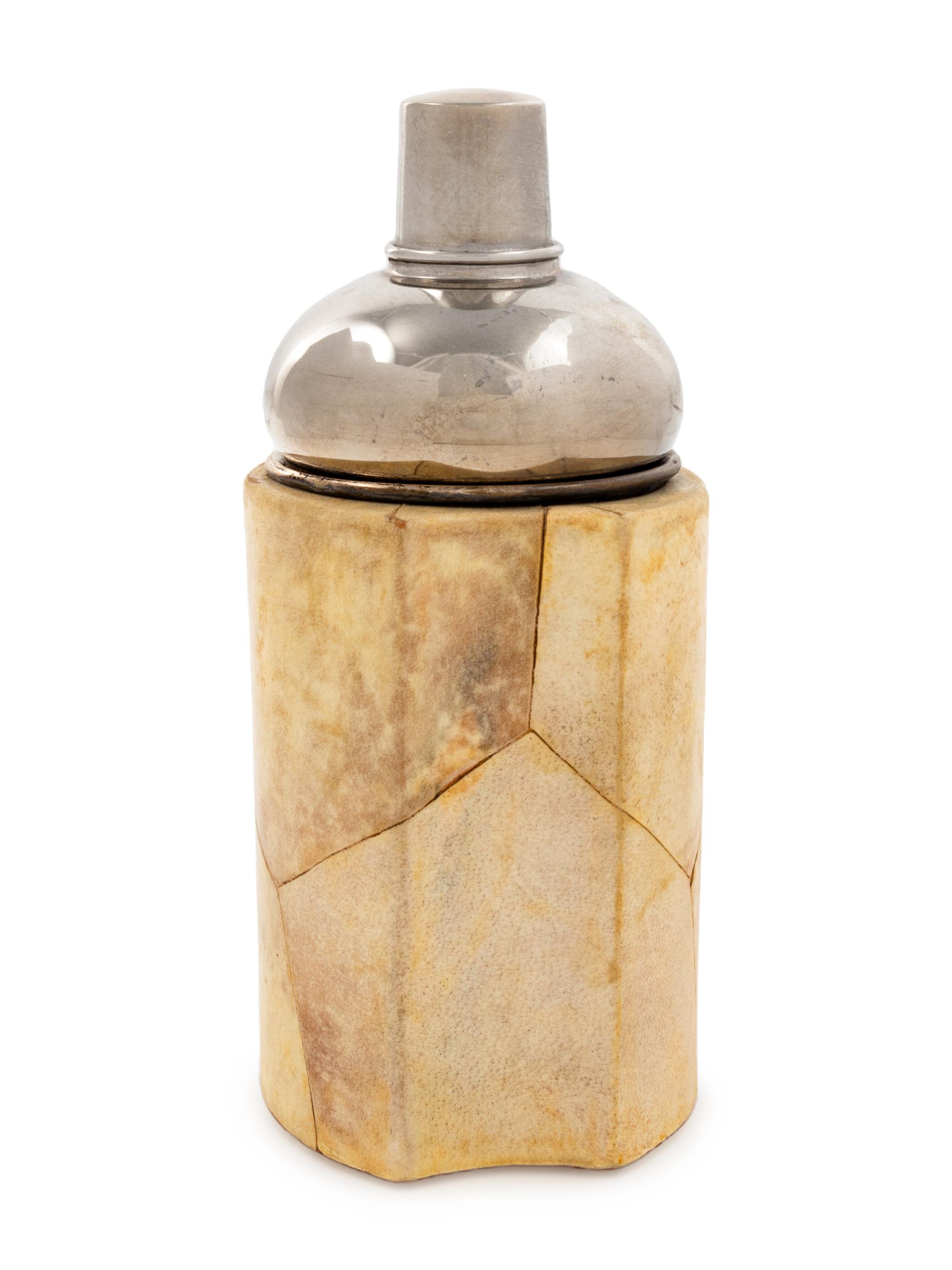 A Lacquered Parchment and Chromed Metal Mounted Cocktail Shaker