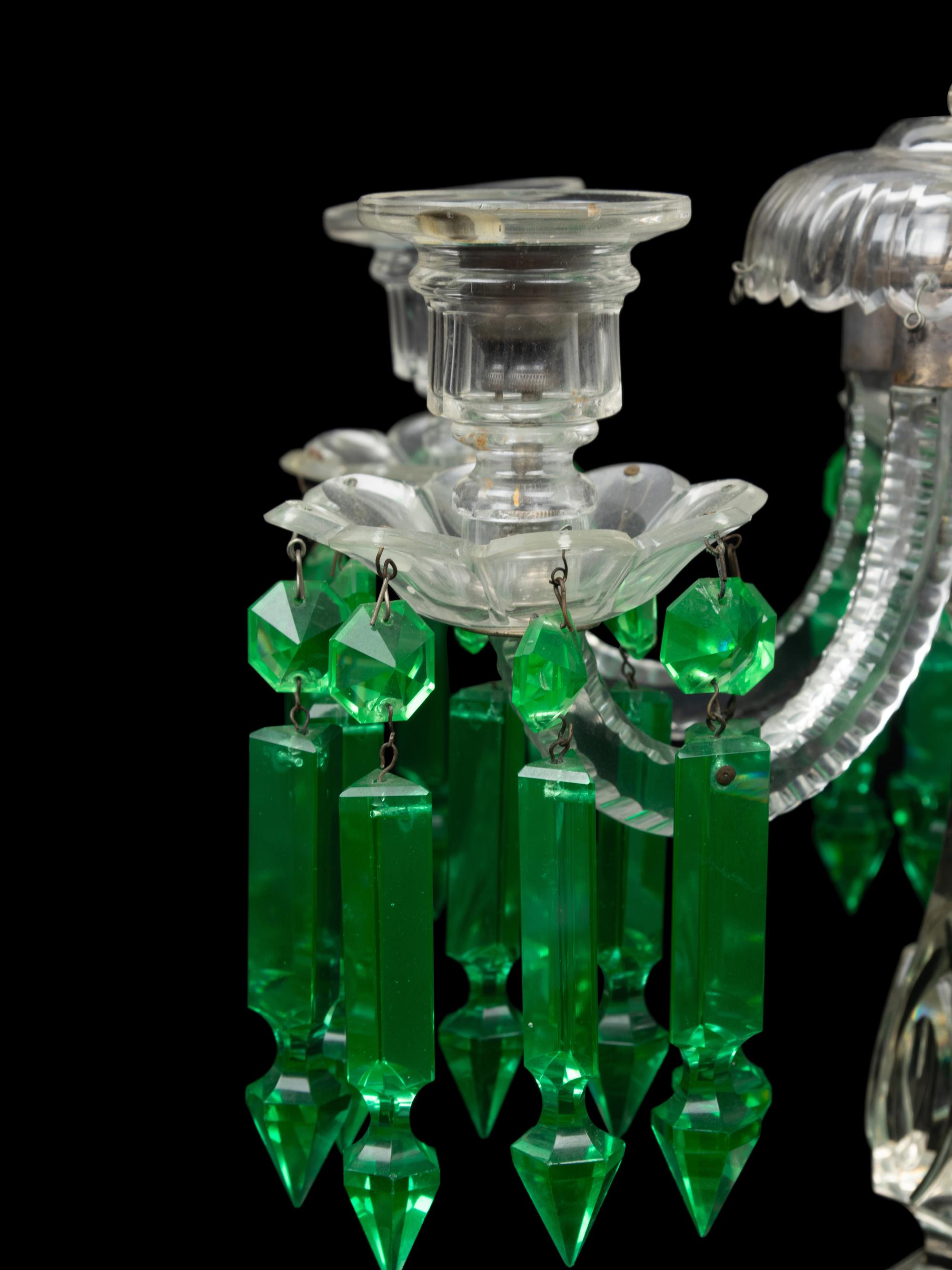 An Irish Cut and Colored Glass Six-Light Candelabrum and an American Silver-Plate Etched and Cut Glass Hurricane Lamp