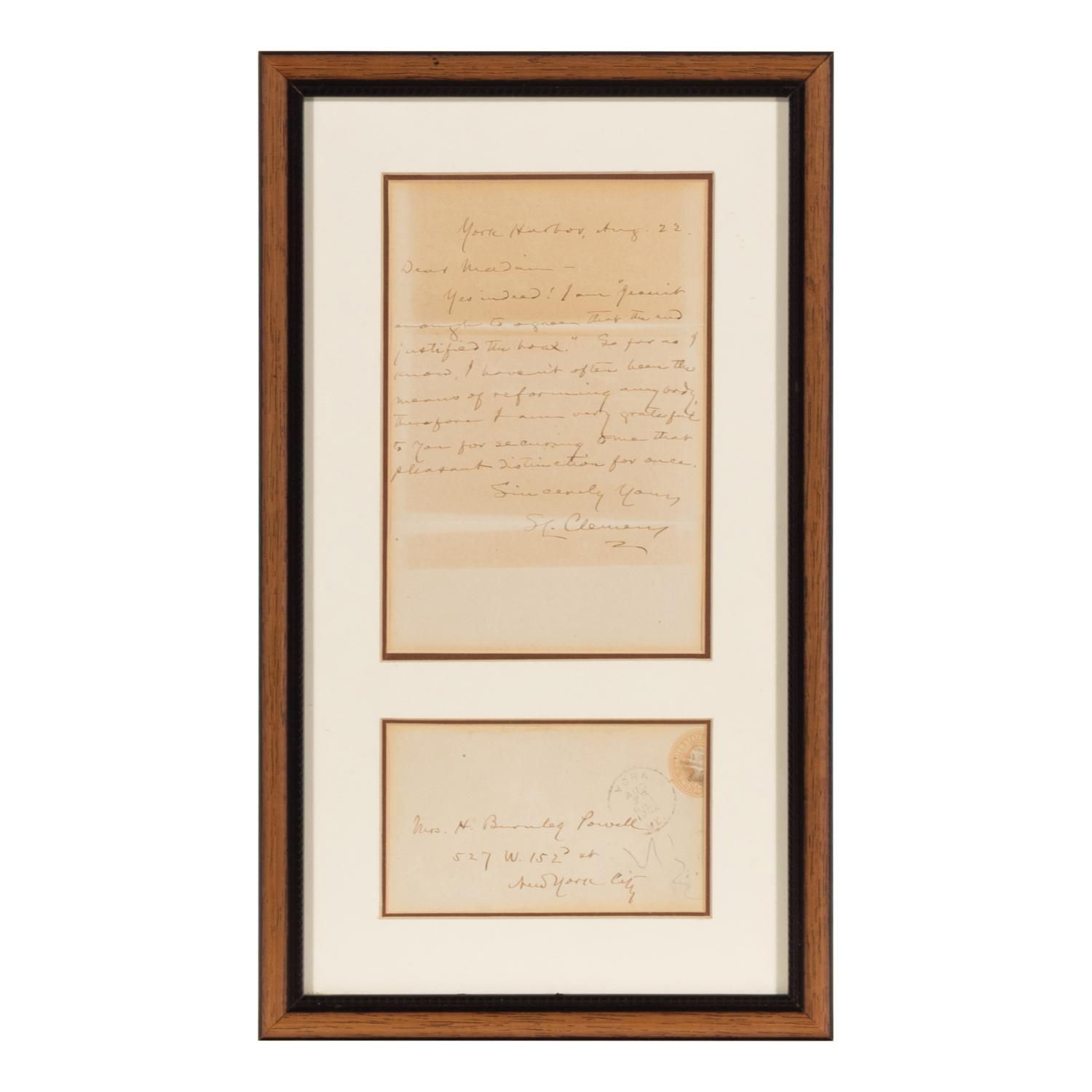 Clemens, Samuel L. ("Mark Twain") (1835-1910). Autograph letter signed ("S.L. Clemens") to Hardinia Burnley Powell, York Harbor, 22 August 1902.