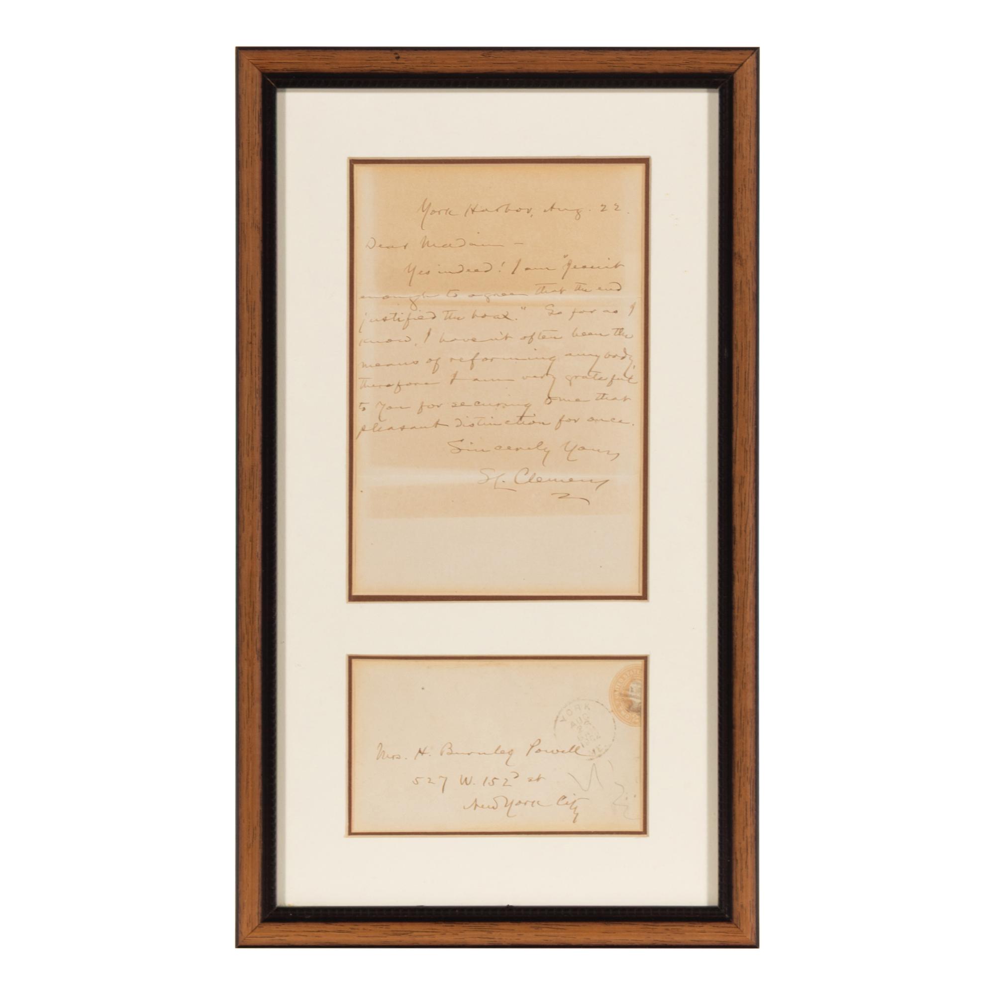 Clemens, Samuel L. ("Mark Twain") (1835-1910). Autograph letter signed ("S.L. Clemens") to Hardinia Burnley Powell, York Harbor, 22 August 1902.