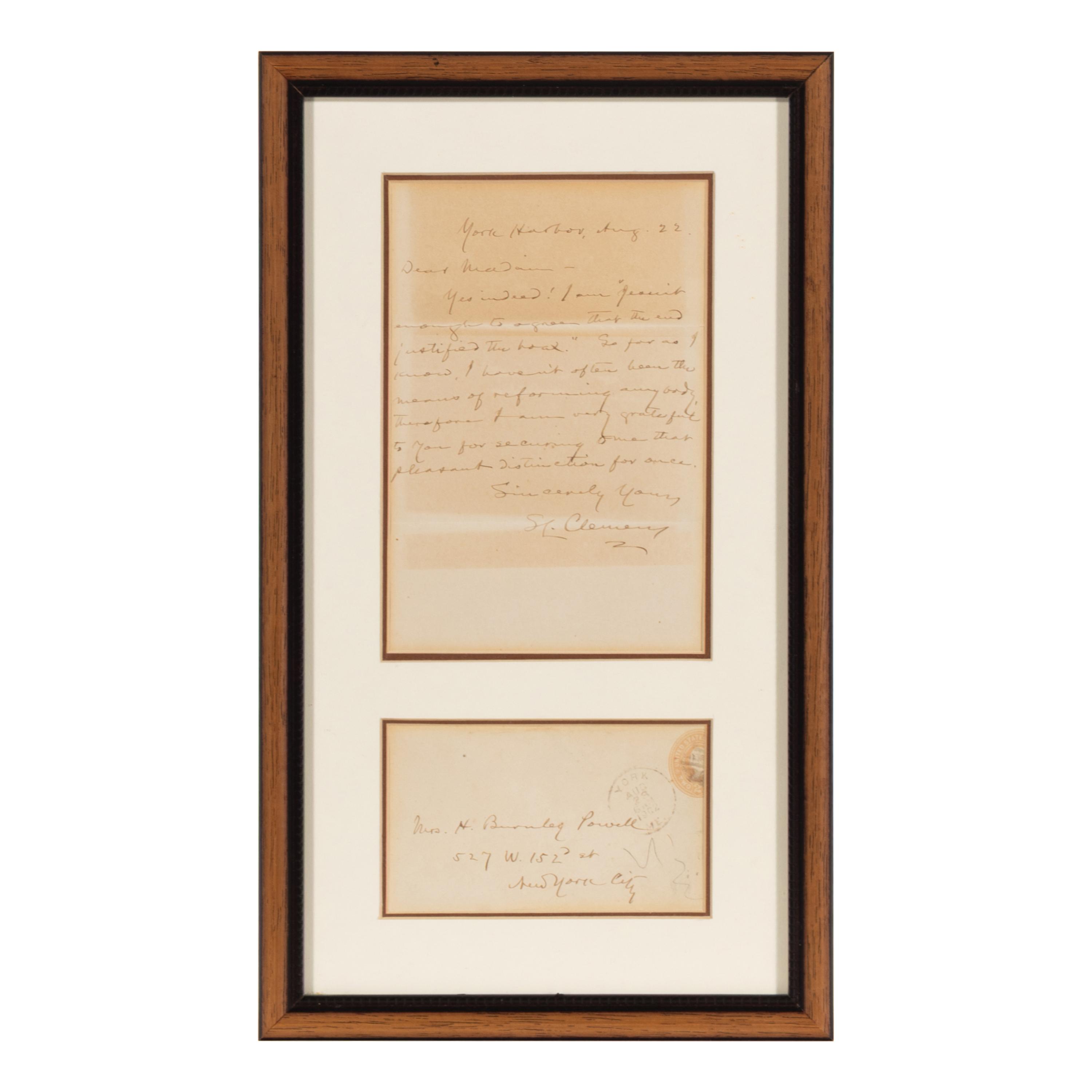 Clemens, Samuel L. ("Mark Twain") (1835-1910). Autograph letter signed ("S.L. Clemens") to Hardinia Burnley Powell, York Harbor, 22 August 1902.