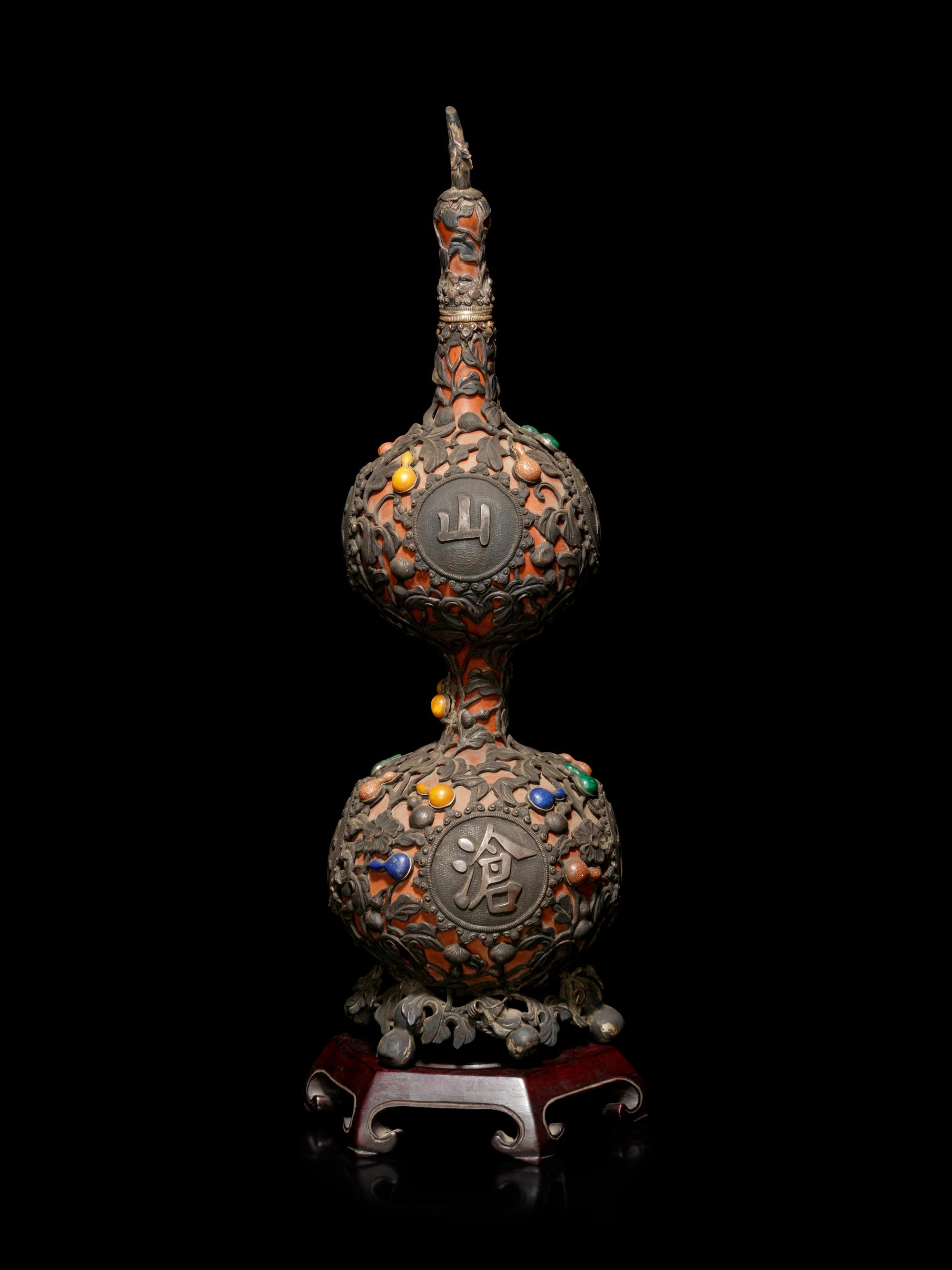 A Silver and Hardstone Mounted Double Gourd