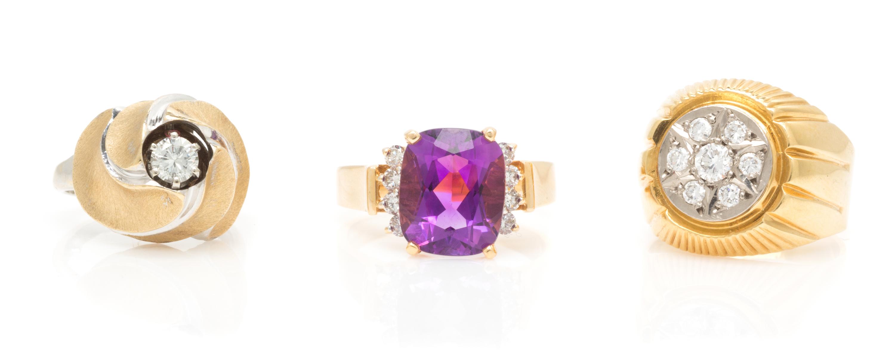 A Collection of Yellow Gold, Diamond and Gemstone Rings, 16.50 dwts.