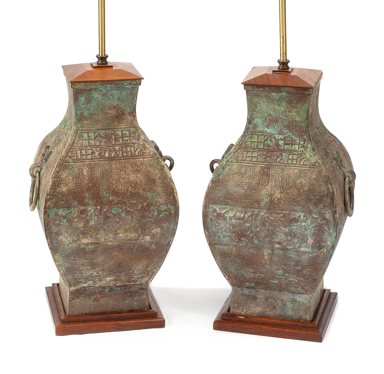 A Pair of Chinese Archaic Style Bronze Urns Height of bronze 18 inches.