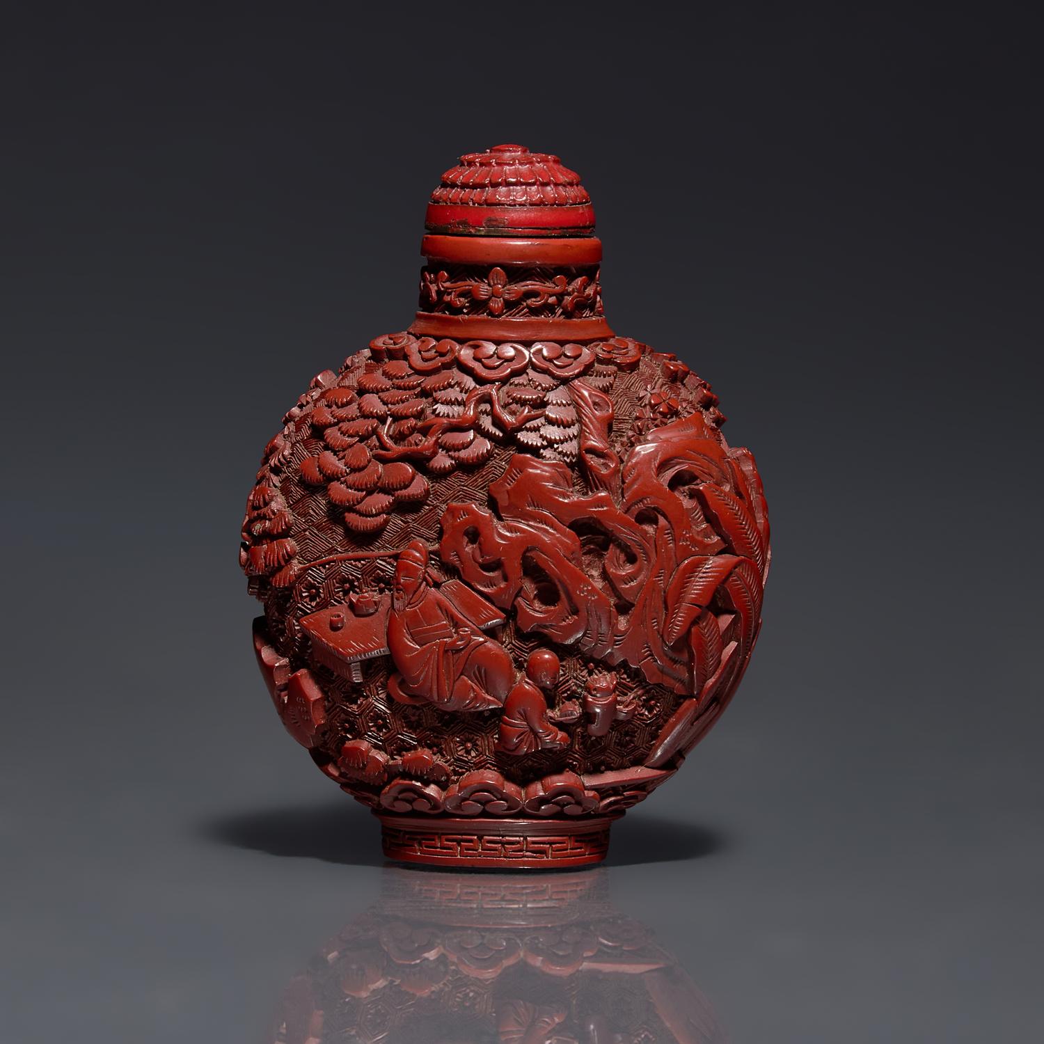 A Chinese Carved Cinnabar Lacquer Snuff Bottle, Late 18th-19th Century 清中期 剔紅松下高士圖鼻烟壺