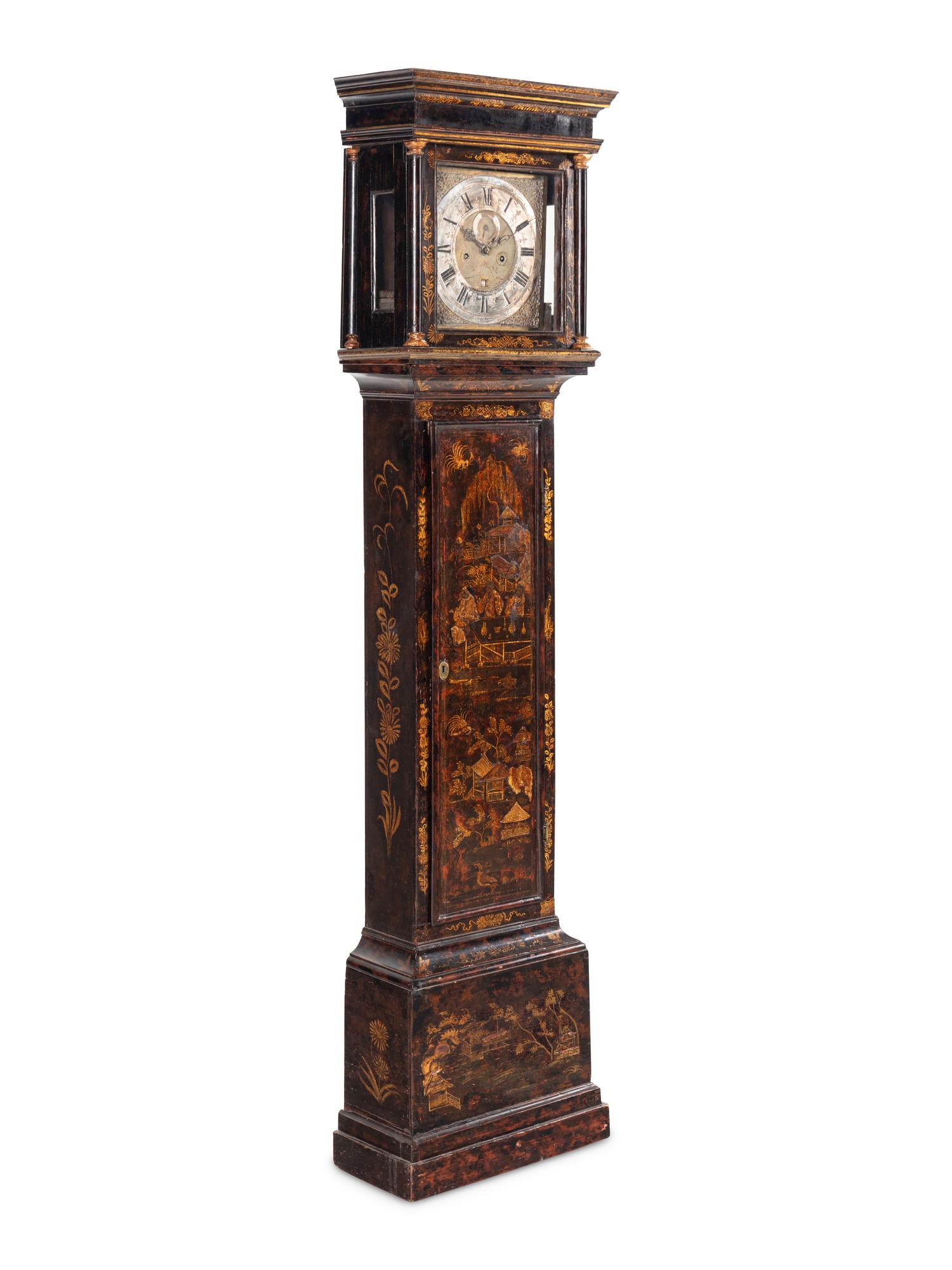 An English Black Japanned Tall Case Clock