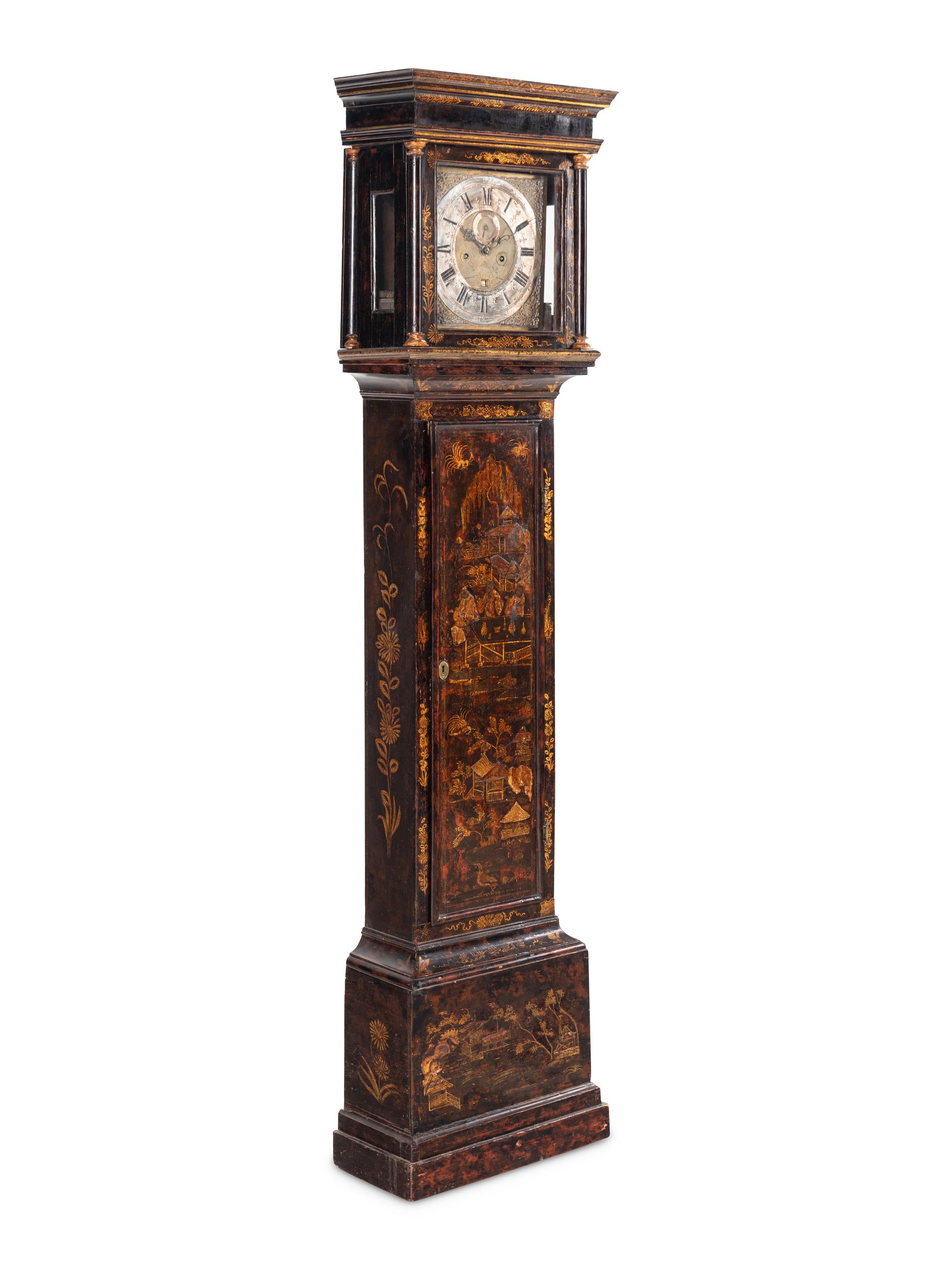 An English Black Japanned Tall Case Clock