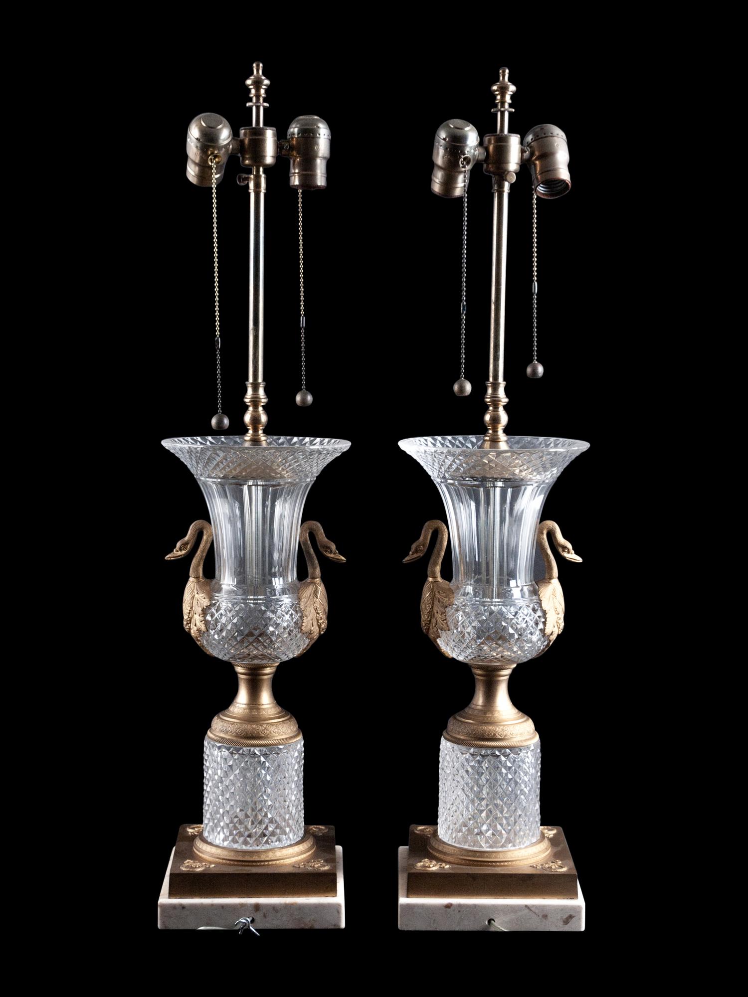 A Pair of Empire Style Gilt Metal Mounted Cut Glass Urns Mounted as Lamps