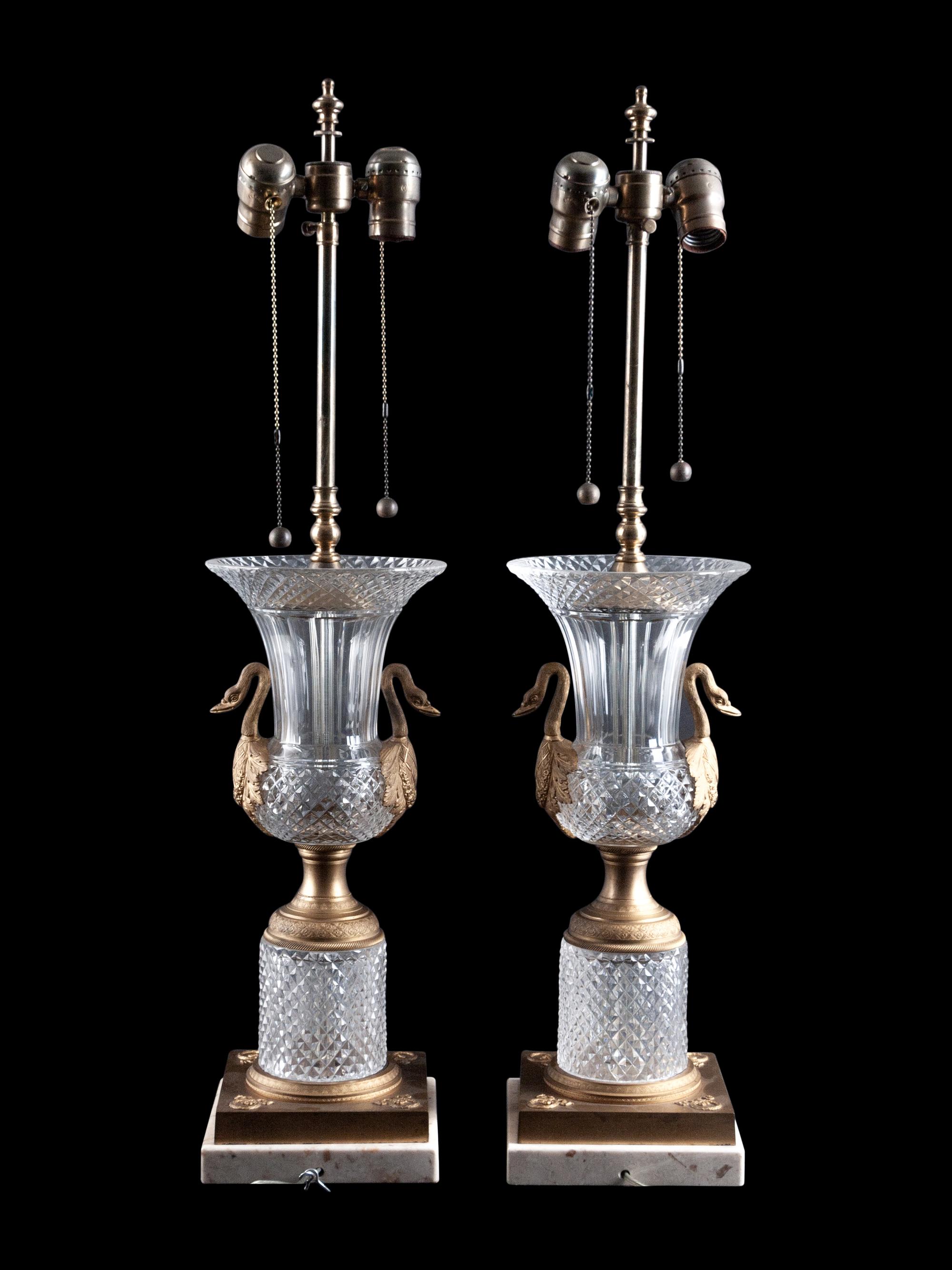 A Pair of Empire Style Gilt Metal Mounted Cut Glass Urns Mounted as Lamps
