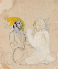 Two Indian Drawing of Krishna and Radha, 18th Century 十八世紀 印度 黑天與牧女細密畫兩幅