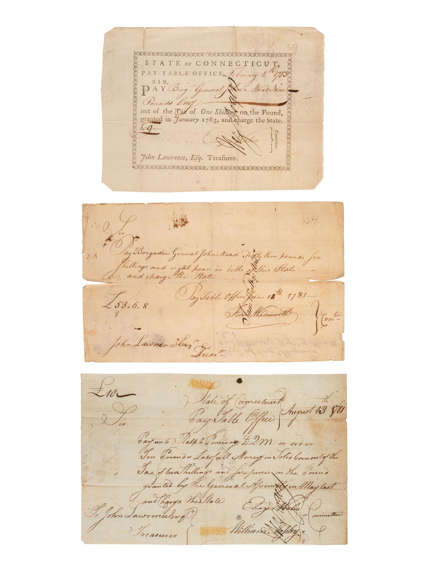[REVOLUTIONARY WAR] - [CONNECTICUT]. A group of documents related to Connecticut, including Revolutionary War promissory notes issued by the Pay-Table Office.