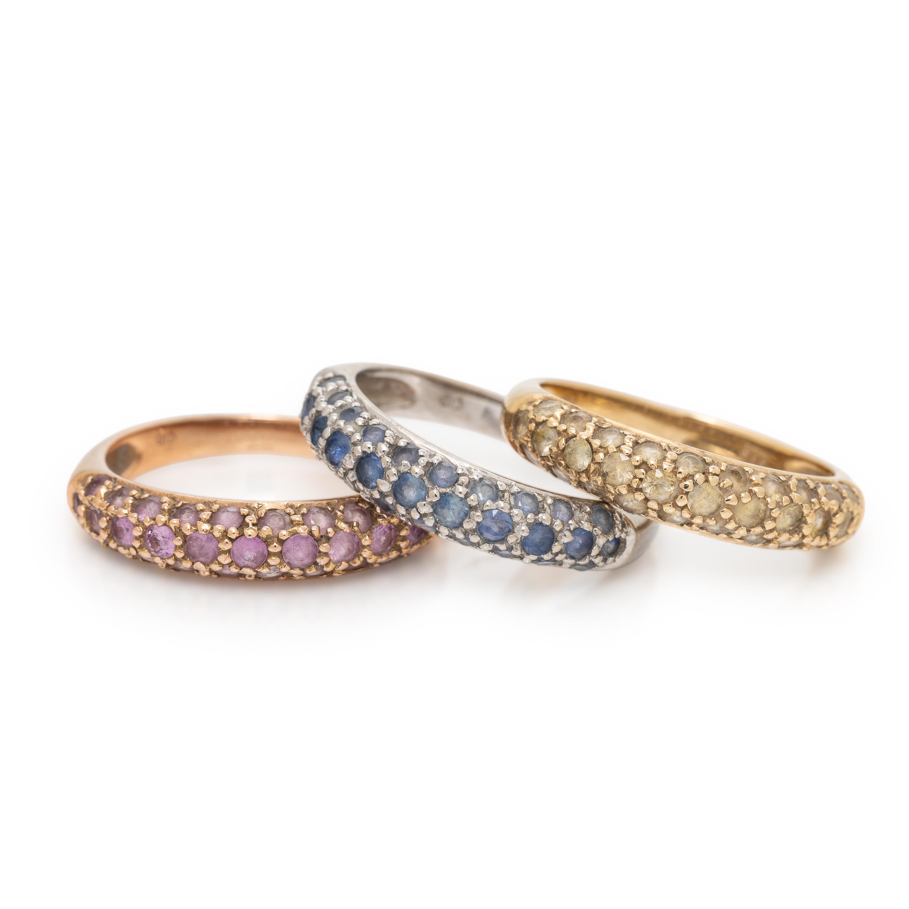 Three Multicolor Sapphire and Tricolor Gold Stacking Rings