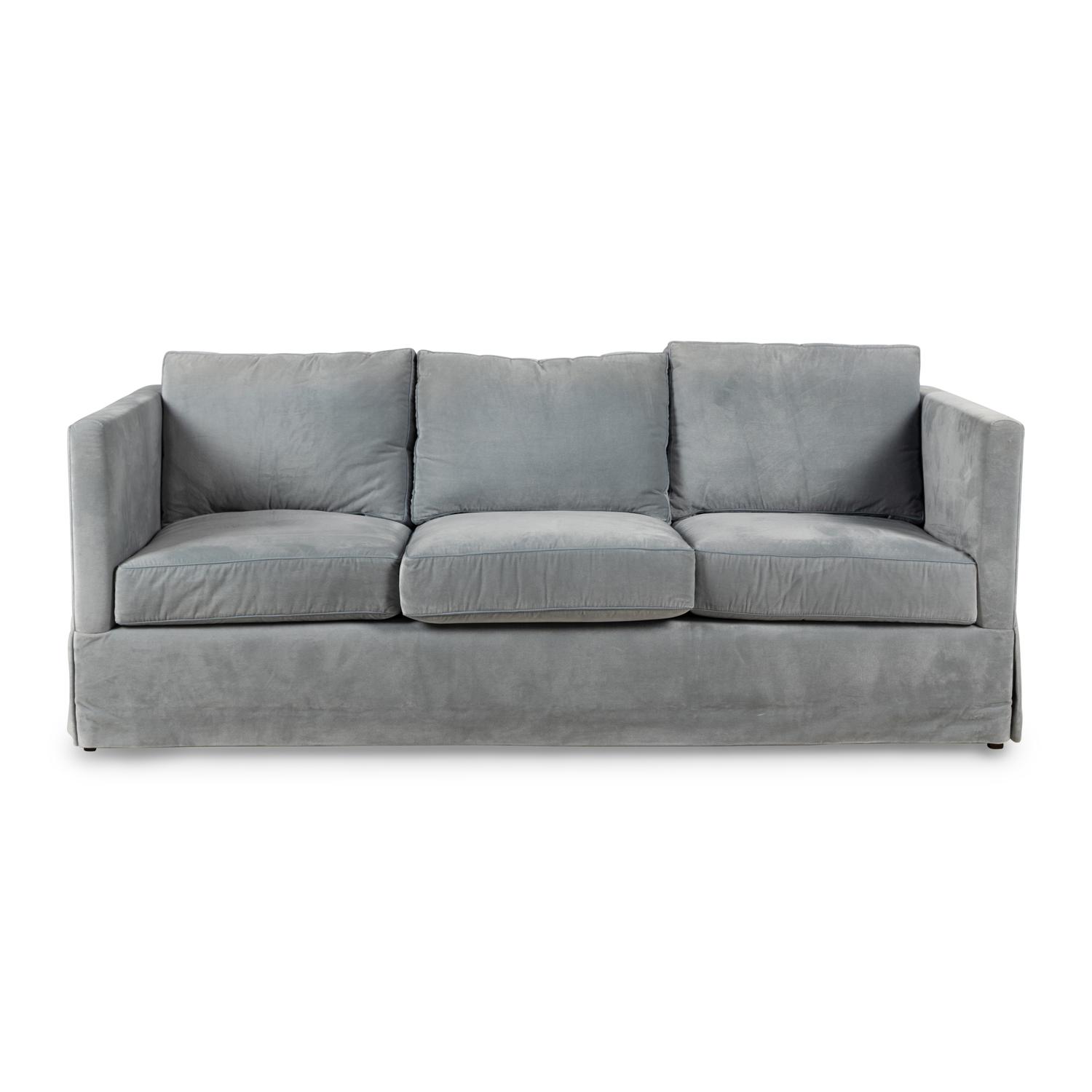 A Custom Velvet-Upholstered Three-Cushion Sofa with Leather Piping