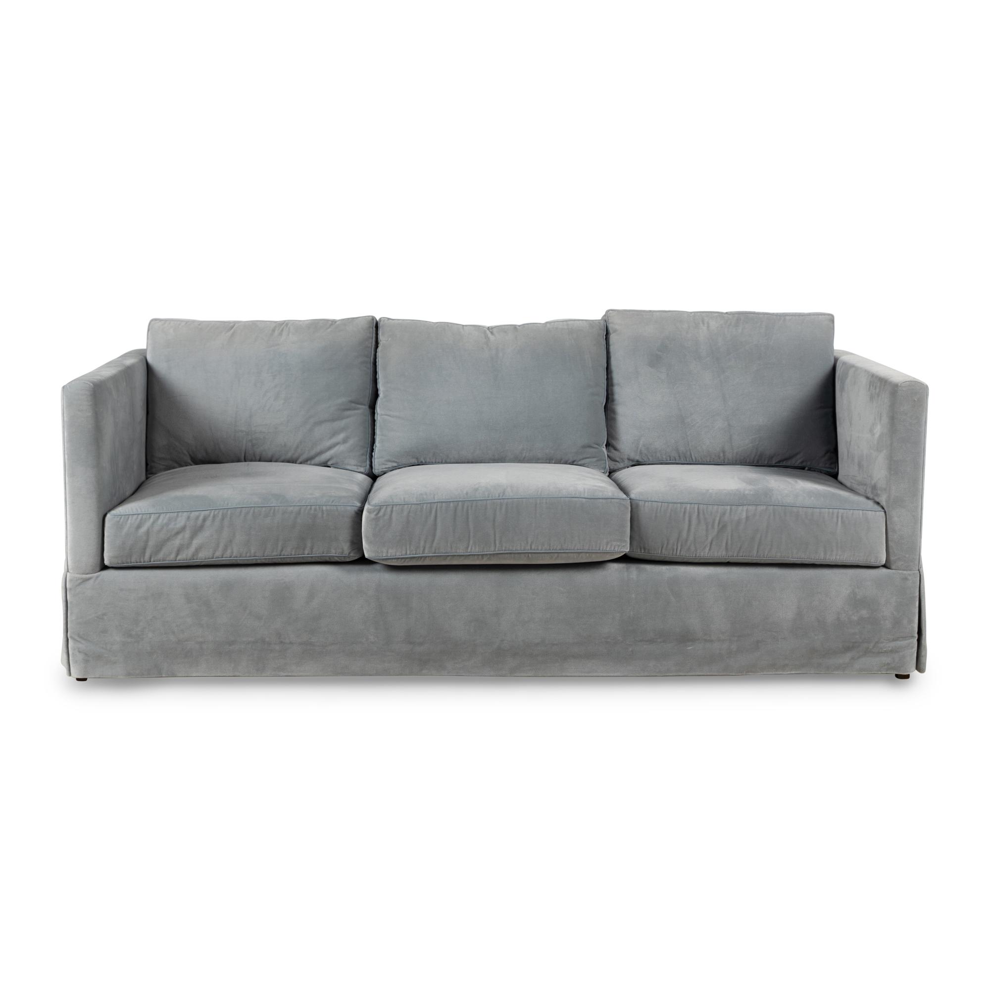A Custom Velvet-Upholstered Three-Cushion Sofa with Leather Piping