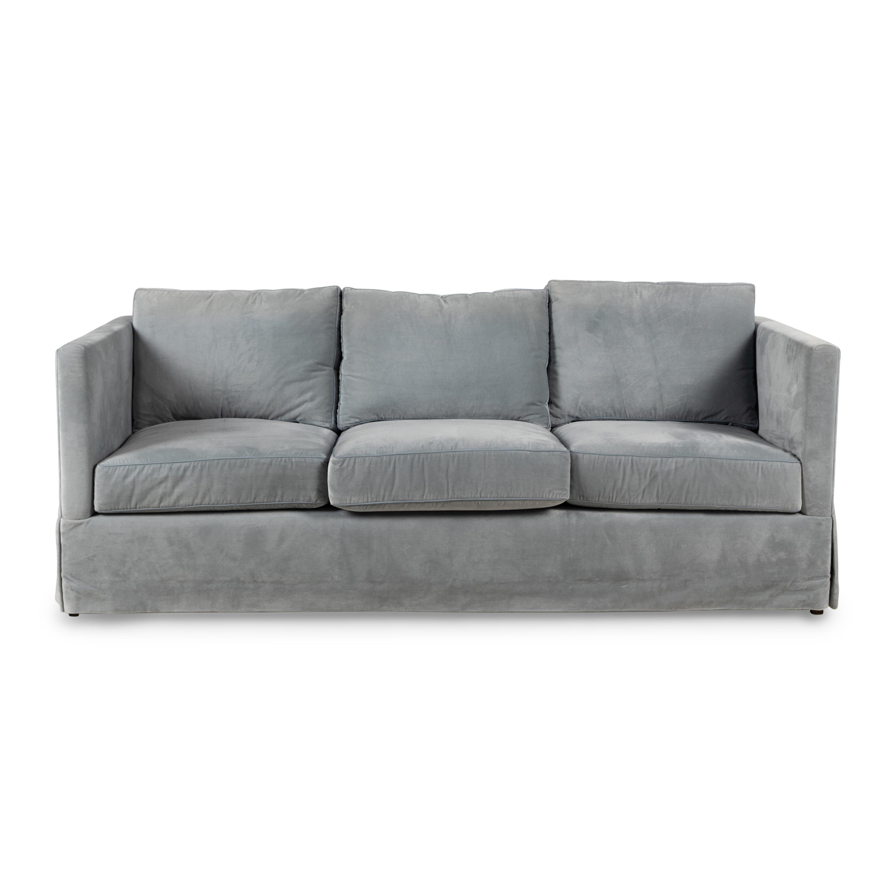 A Custom Velvet-Upholstered Three-Cushion Sofa with Leather Piping