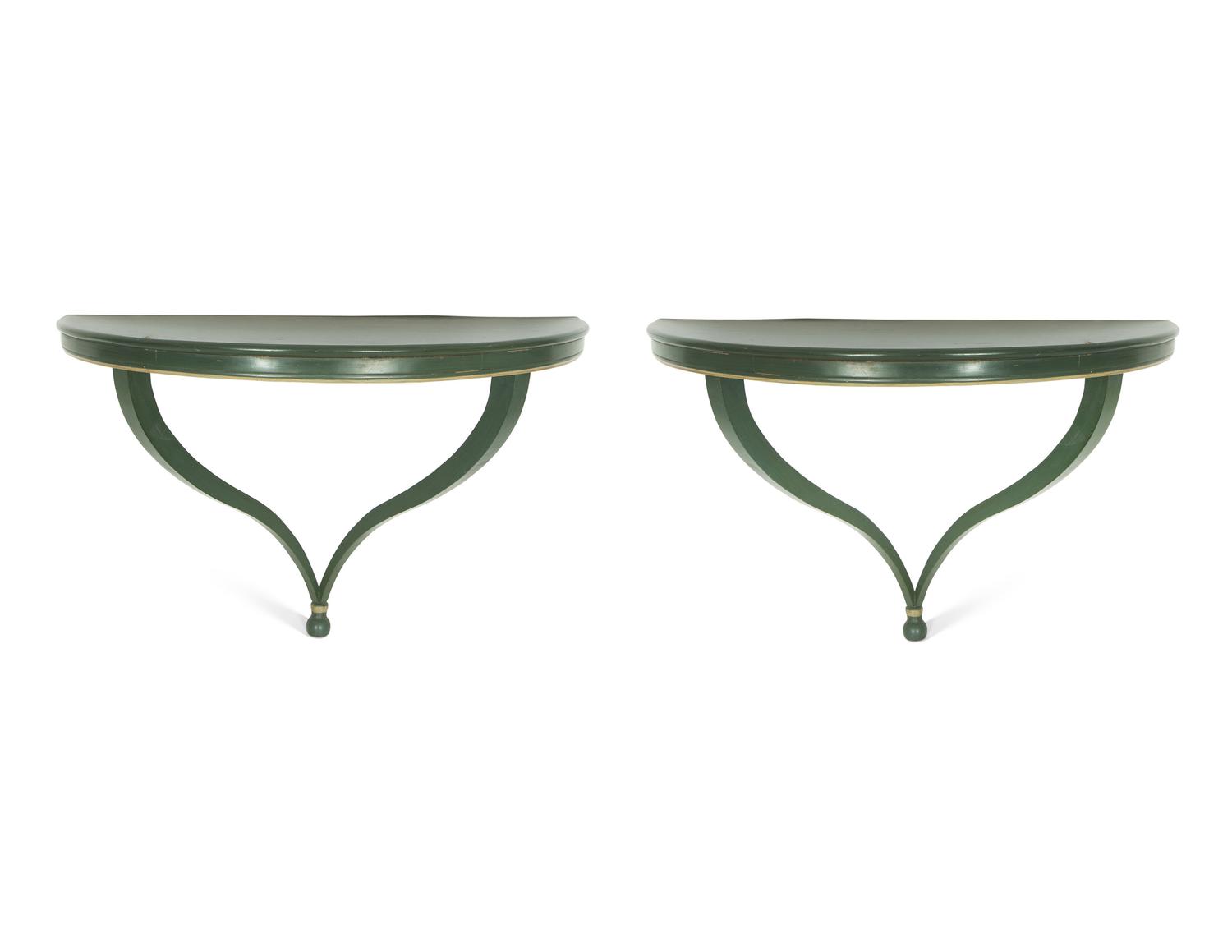 A Pair of Green-Painted Demilune Console Tables by Jessup