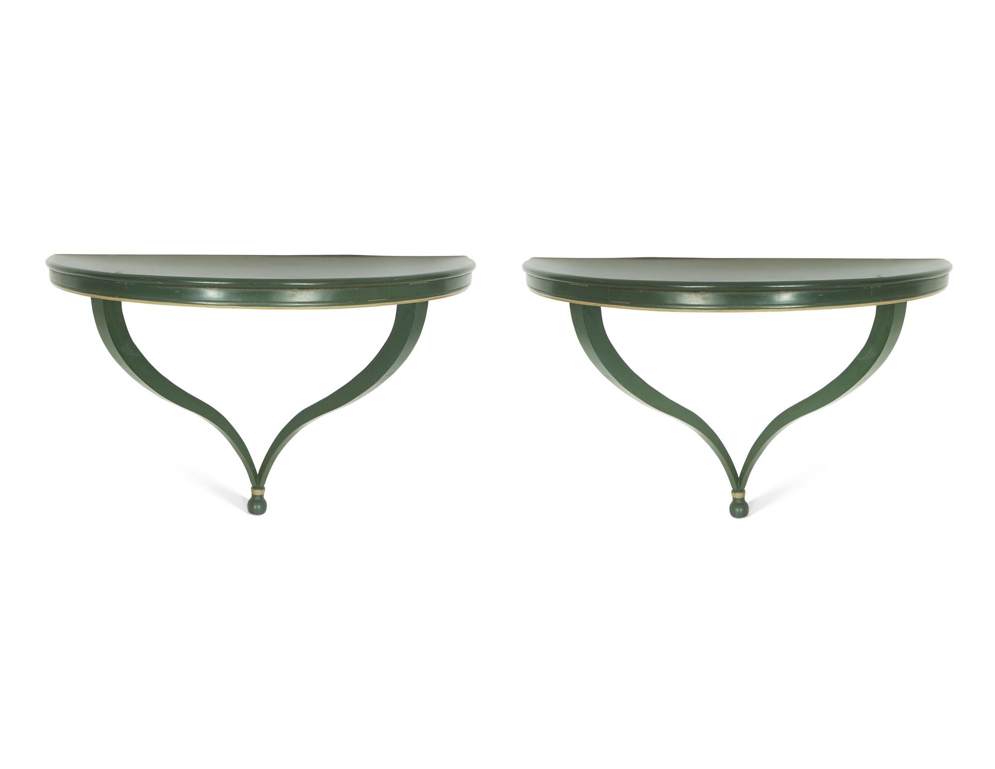 A Pair of Green-Painted Demilune Console Tables by Jessup