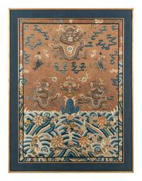 A Large Ochre Ground Embroidered Silk 'Dragon' Panel