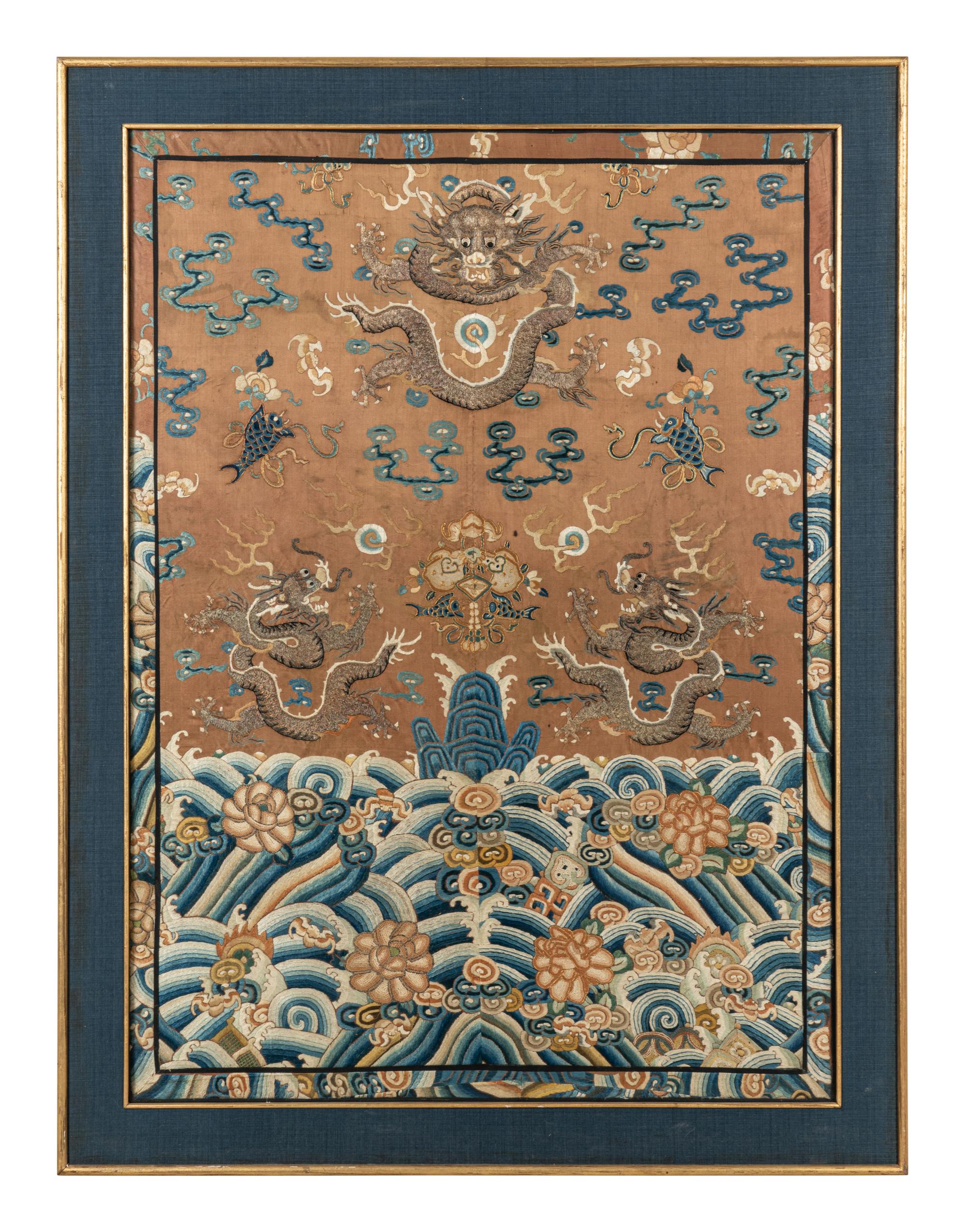 A Large Ochre Ground Embroidered Silk 'Dragon' Panel