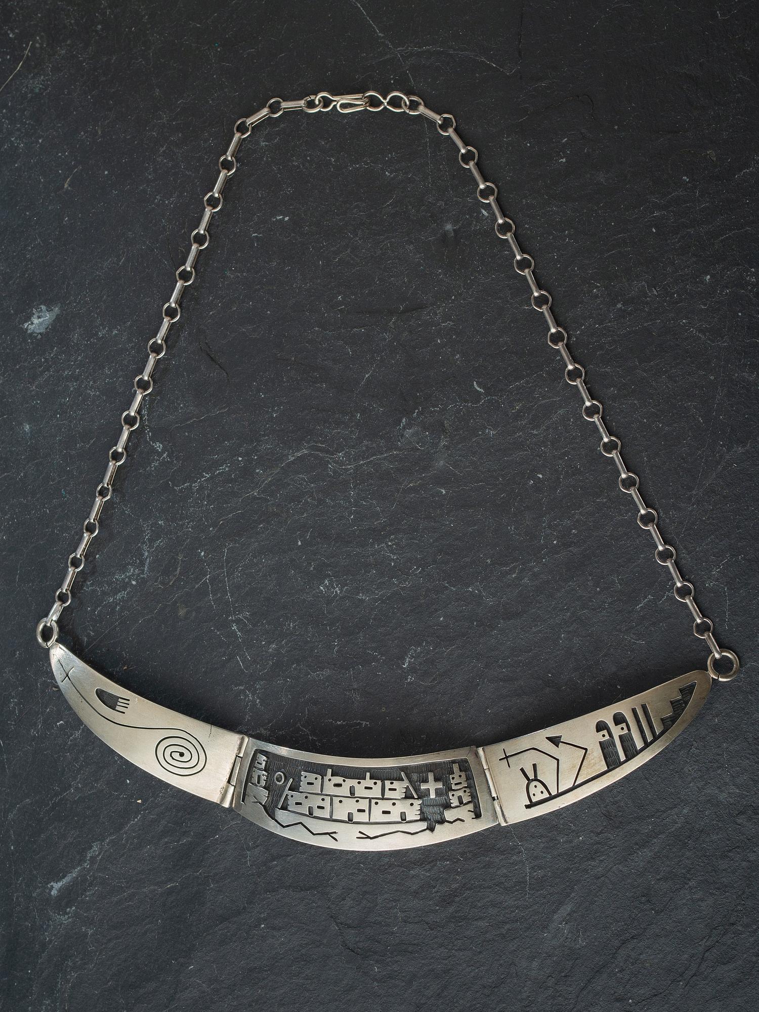 Silver Overlay Link Necklace, with Pueblo Scene