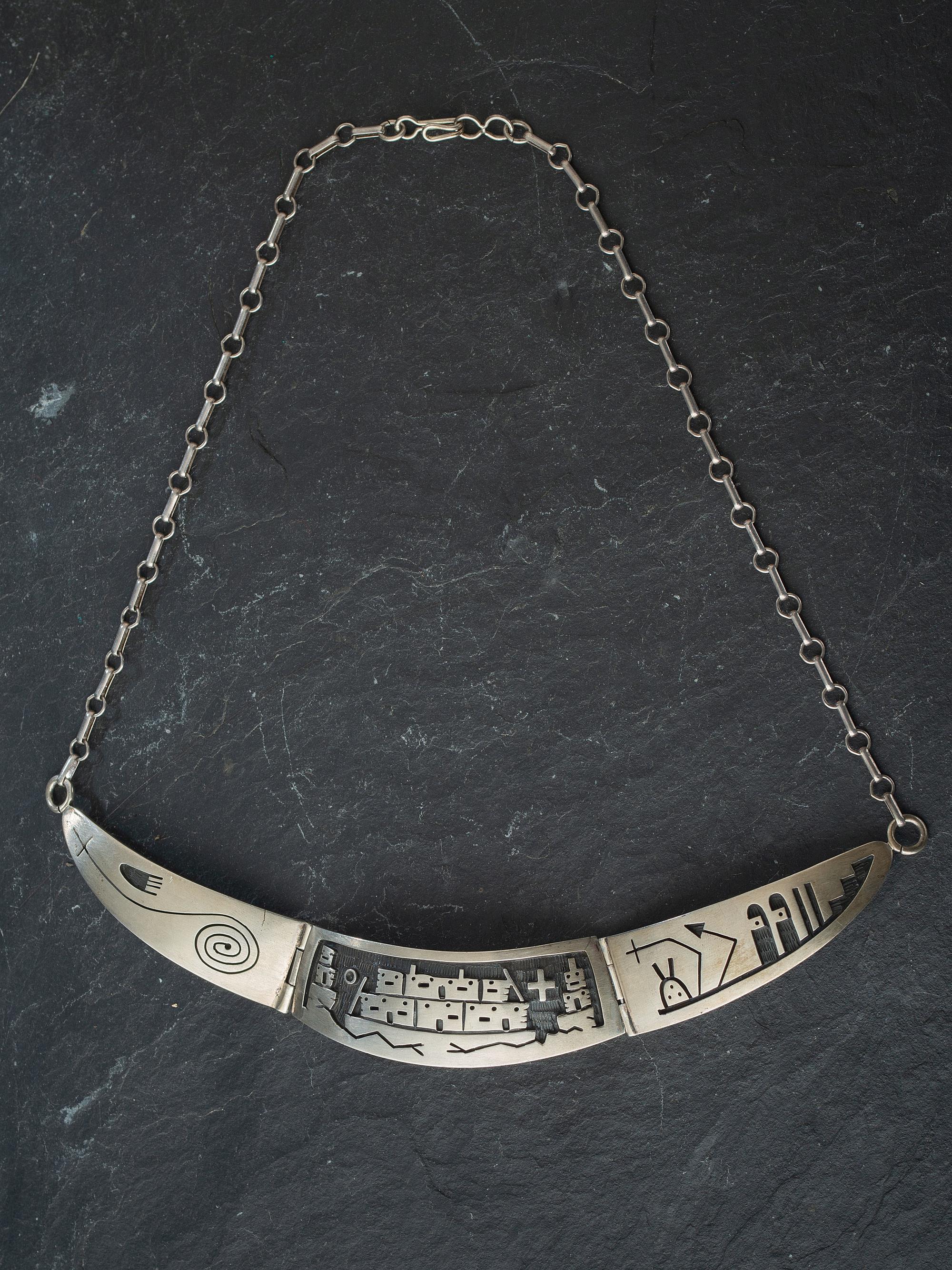 Silver Overlay Link Necklace, with Pueblo Scene