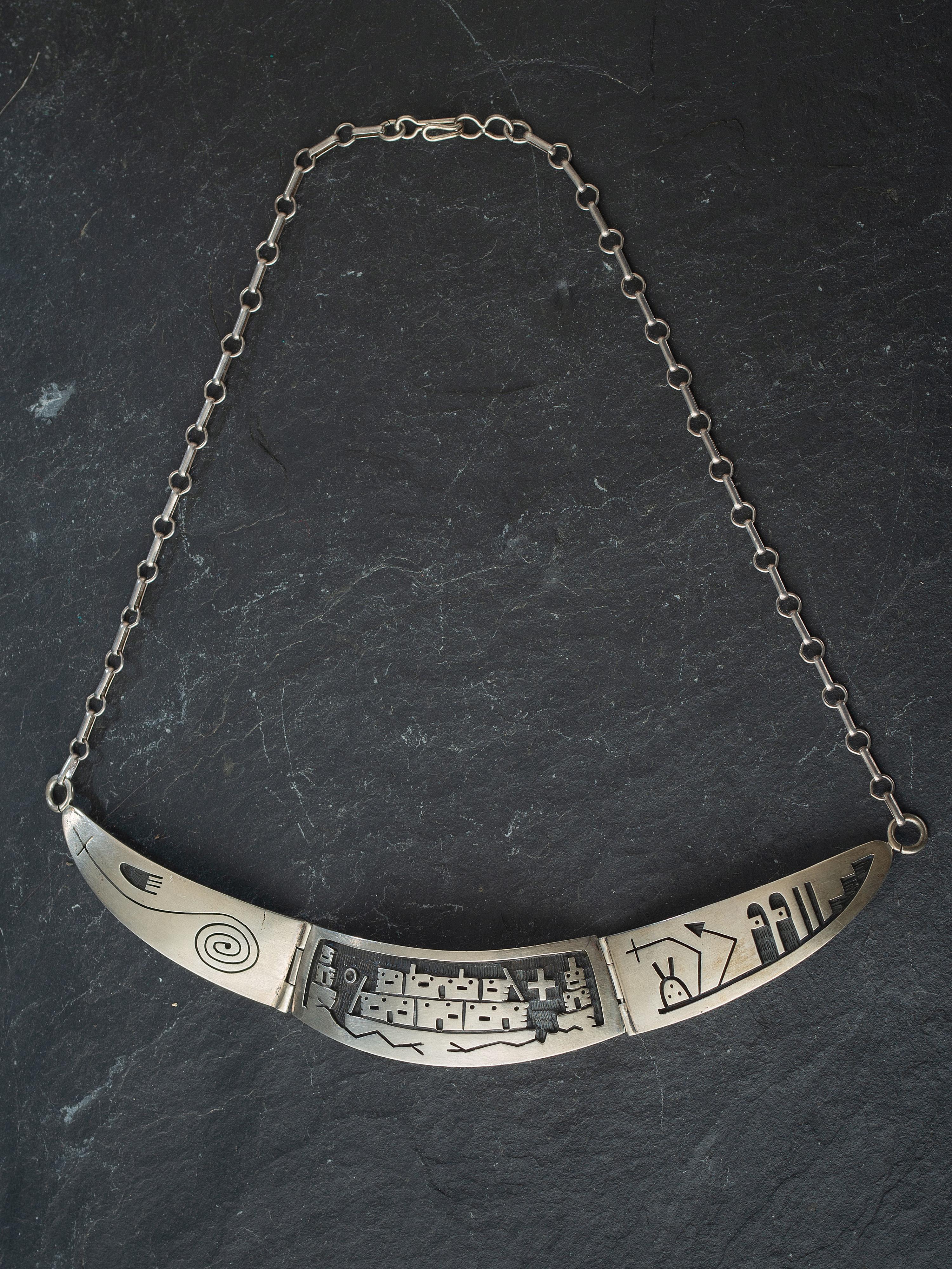 Silver Overlay Link Necklace, with Pueblo Scene
